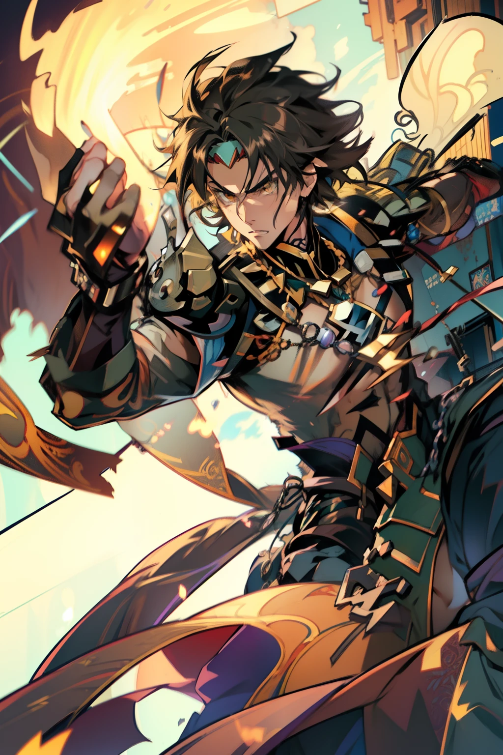 male people，((Masterpiece)), ((Best quality)), Ultra detailed,((illustration)), Dynamic Angle, Detailed light, (Delicate eyes), Floating, 1boy, Male focus, Head, Clothing, Yellow eyes, necklace, tattoo,hijabi sluty， (Forehead:0.8), (ahoge:0.8), jewelry, apathy，Ray， chest muscle， Sexy ,frontage，style of anime4 K， 4K anime wallpaper， Badass anime 8 K， 4 k comic wallpaper， young anime man， Anime boys， Anime wallpapers 4 k， Anime wallpaper 4K， High quality anime art style， Anime moe art style， Anime art wallpaper 8 K， Anime art wallpaper 4 K， RGB lighting