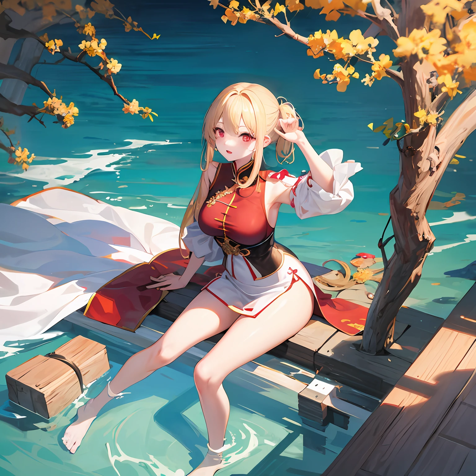 a blond、red eyes、One pretty girl、独奏、animesque、White china clothes、sea side、a miniskirt