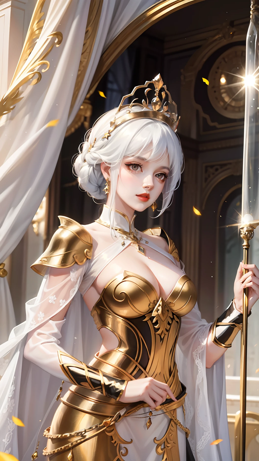 Queen with long black hair, with white eyes, Dressed in a gorgeous white dress
