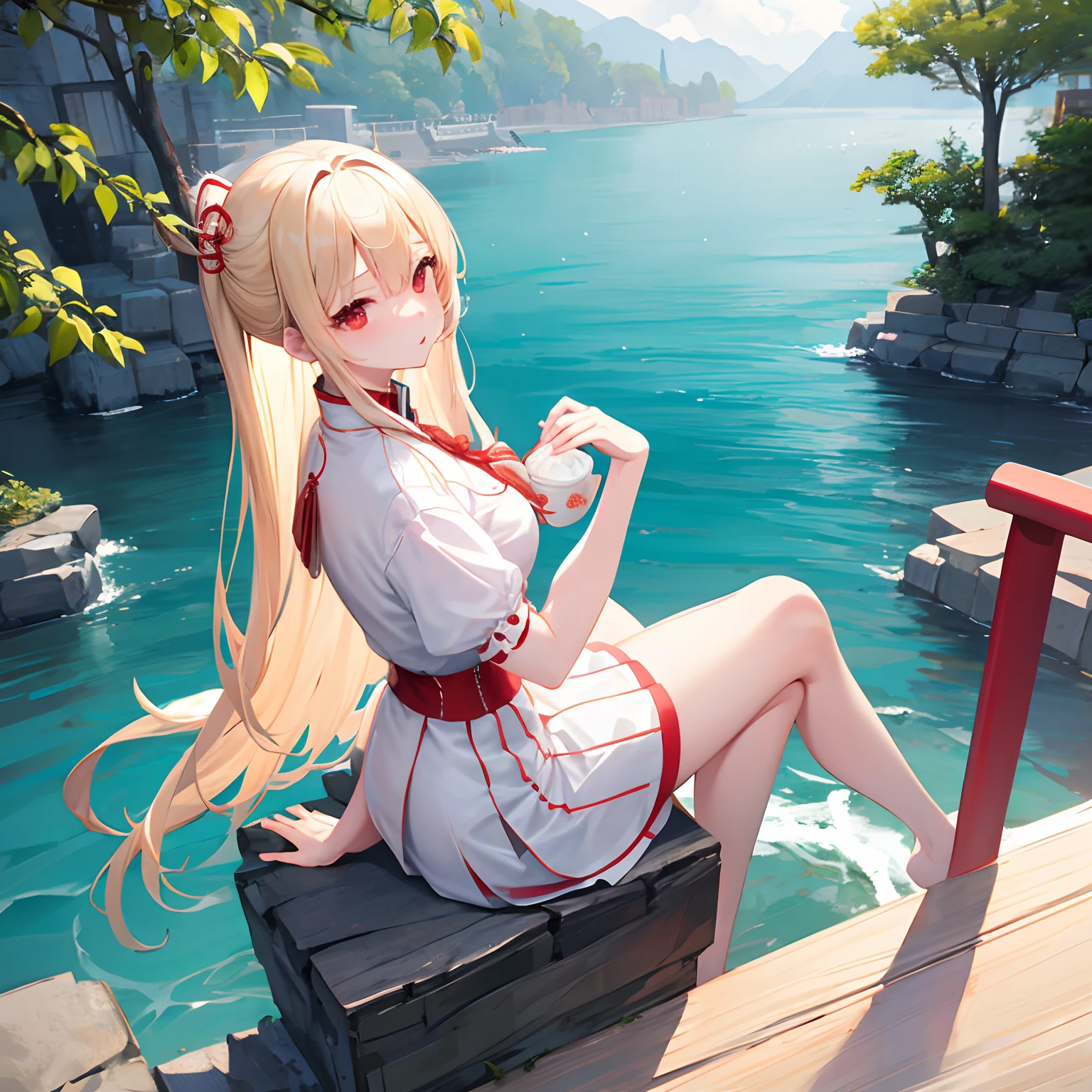 a blond、red eyes、One pretty girl、独奏、animesque、White china clothes、sea side、a miniskirt