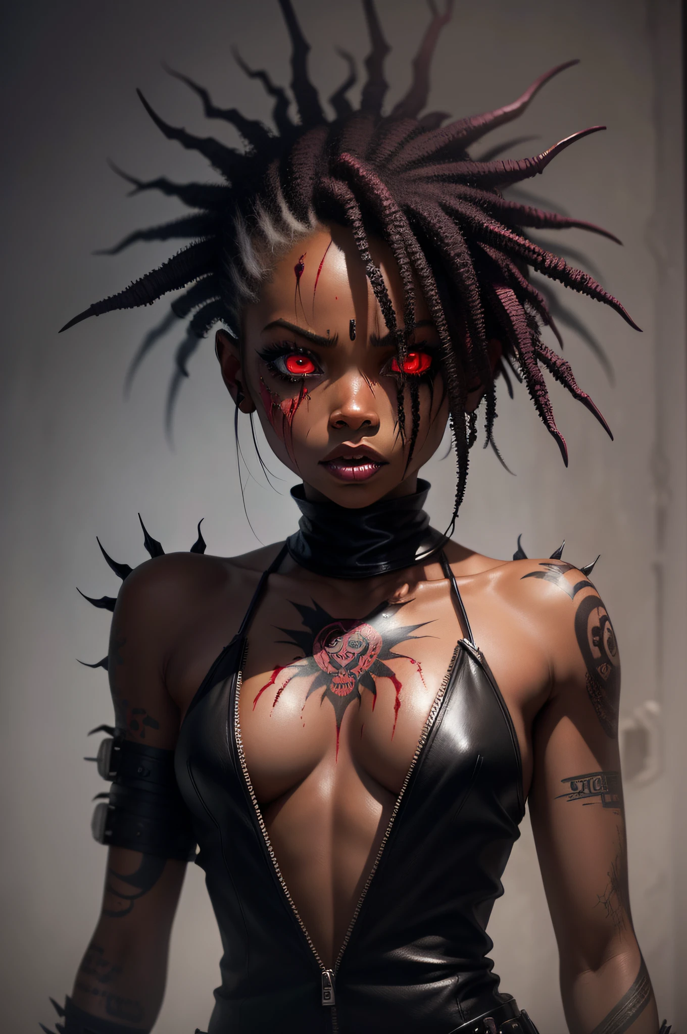 A bio punk black girl horror creature, evil, horrible, fearful, dangerous, scary, blood in face, tattoo in face,