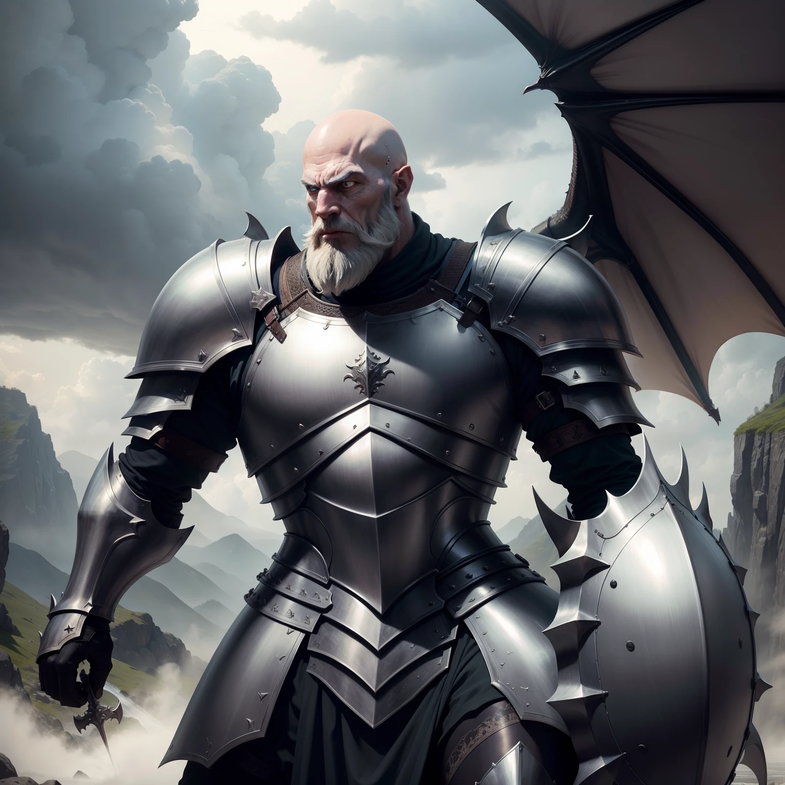 European knight bald beard heavy Armor riding great Legendary scary dragon cloudy thunder environnement scene master piece super detailed hyper realistic