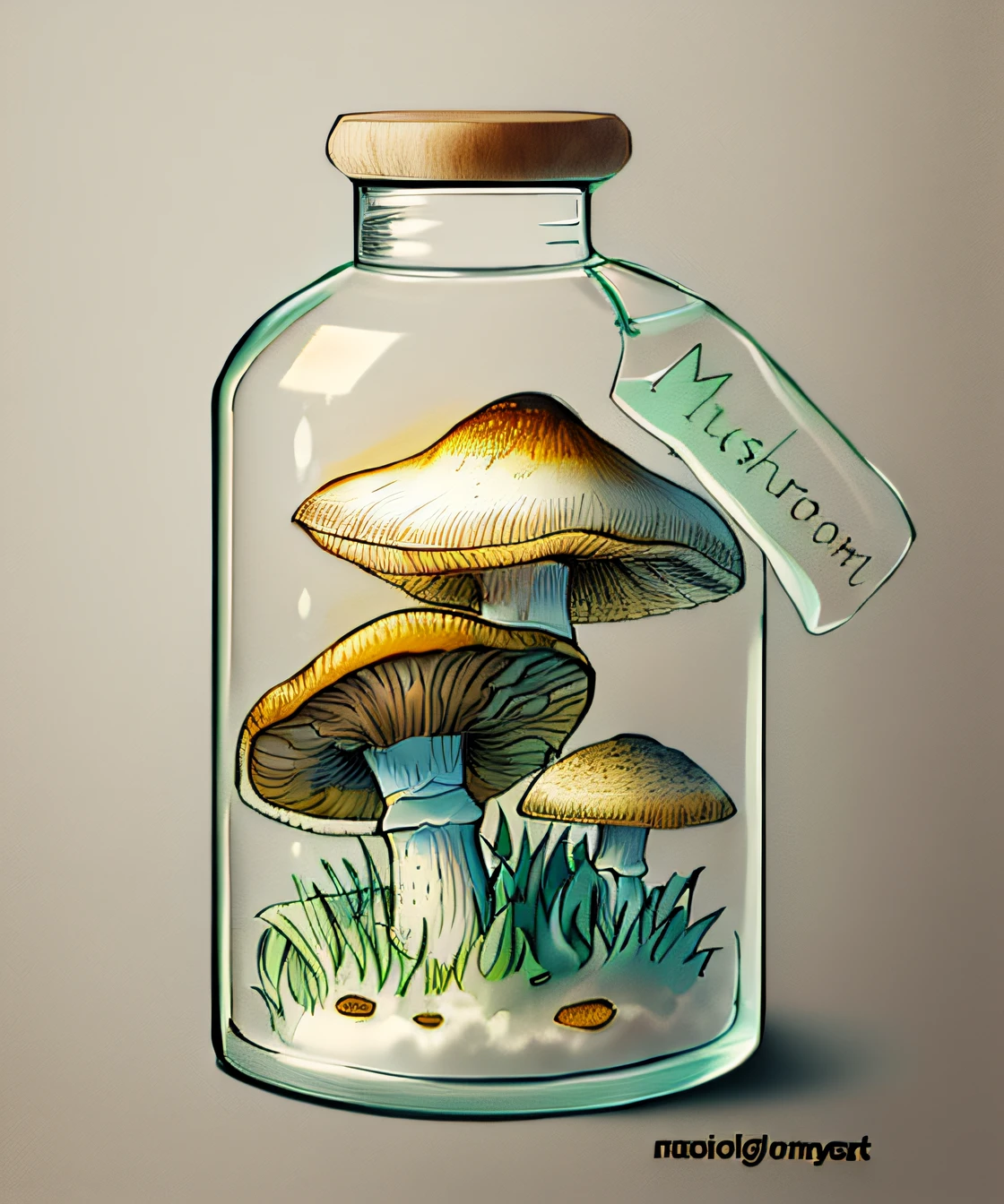 Drawing of a jar，There are mushrooms inside, made of mushrooms, Simple drawing, mushrooms grow from the body, Mushrooms, mushroom, detailed sketch drawing,  Mushrooms grow, magic mushrooms, Cogumelos, ink