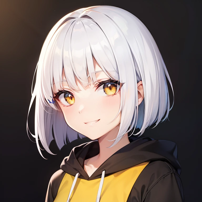 girl with、独奏、white  hair、bob cuts、Blue Mesh、Yellow eyes、a smile、Black hoodie