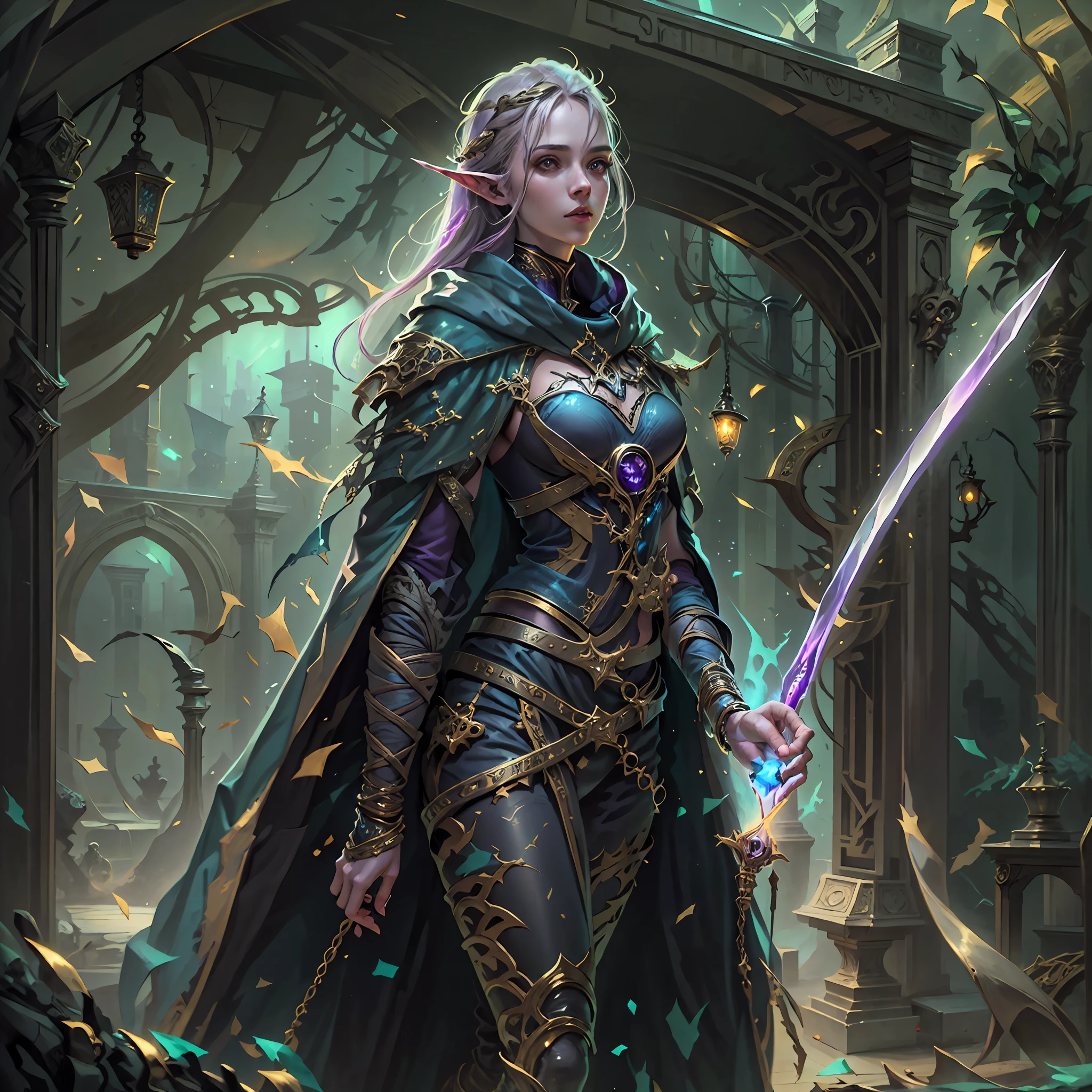 a picture of a female elf (intense details, Masterpiece, best quality: 1.5) fantasy swashbuckler, fantasy fencer, armed with a slim sword, shinning sword, metallic shine, colorful clothes, dynamic clothing, an ultra wide shot, full body (intense details, Masterpiece, best quality: 1.5)epic beautiful female elf (intense details, Masterpiece, best quality: 1.5), rich hair, braided hair, small pointed ears, fantasy urban street (intense details, Masterpiece, best quality: 1.5),  purple cloak, long cloak (intense details, Masterpiece, best quality: 1.5), sense of daring, sense of adventure,  high details, best quality, 8k, [ultra detailed], masterpiece, best quality, (extremely detailed), dynamic angle, ultra wide shot, photorealistic, RAW, fantasy art, dnd art,fantasy art, realistic art,