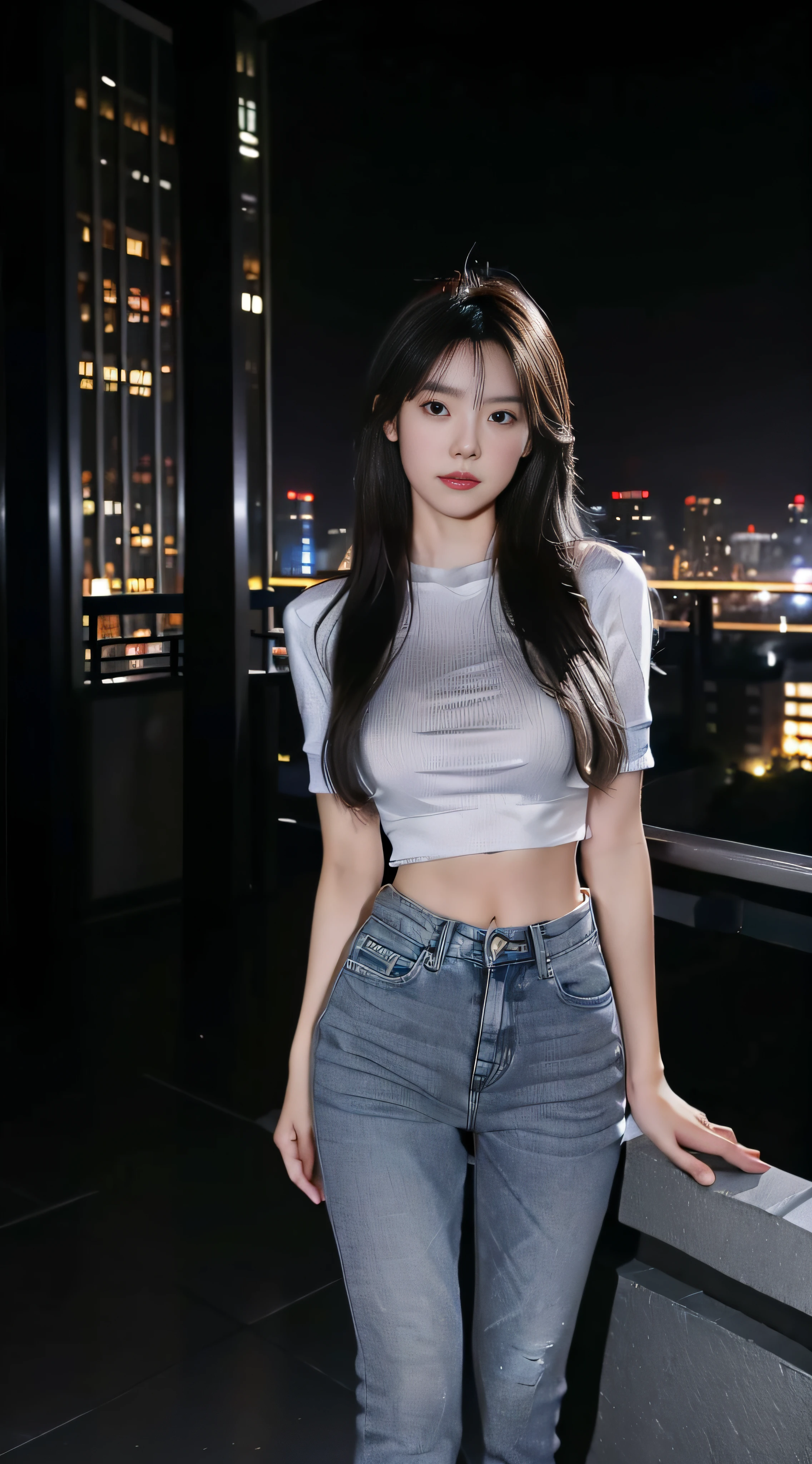 A Chinese woman on the rooftop of a tall building at night, fluffy hair, delicate face, realistic, real, slim, large aperture, sexy shot, attractive pose, Instagram model, wearing black jeans and gray top, tight jeans, long pants, cropped shirt, navel, short sleeves, gray shirt, tight shirt, black jeans, gray top,