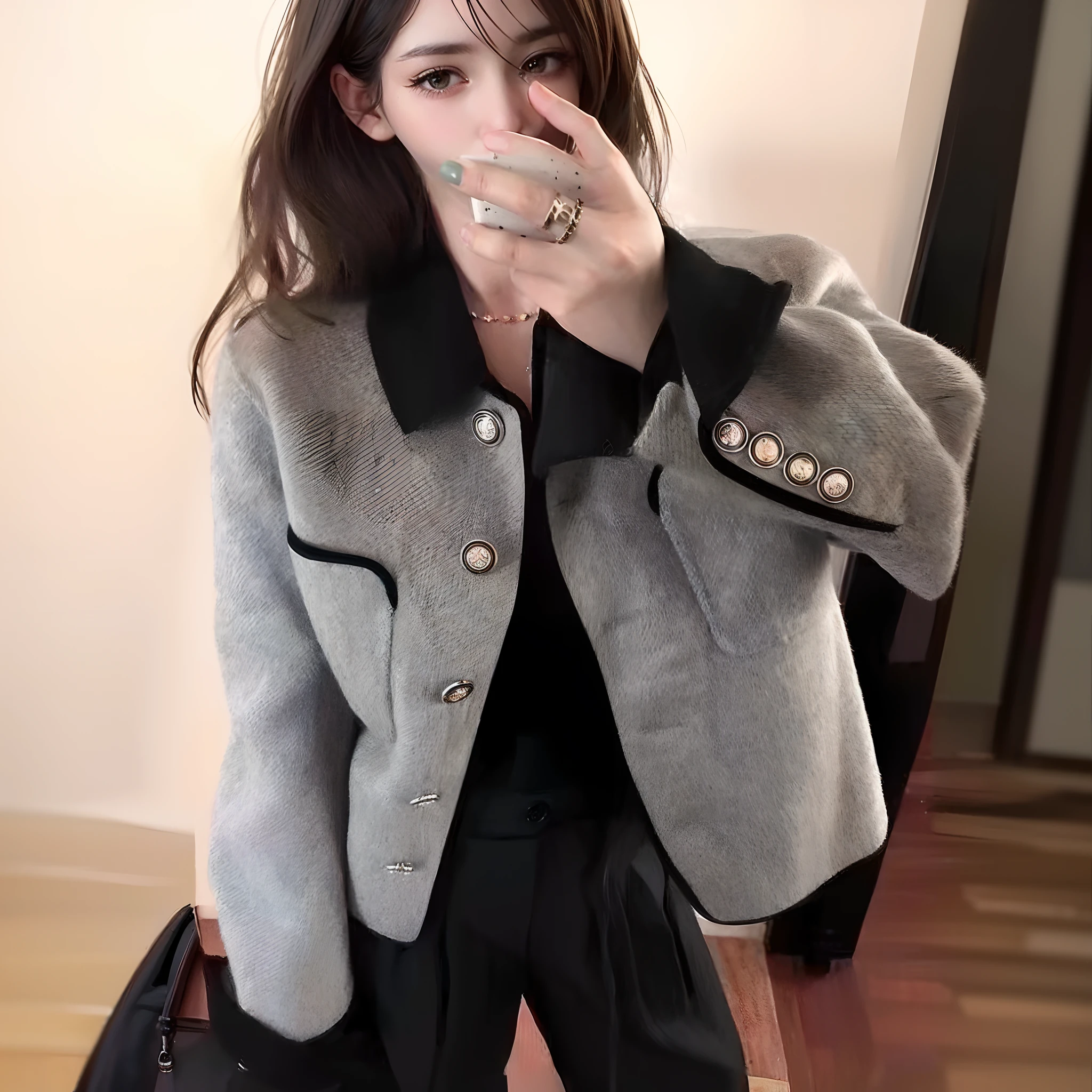 Arad woman in jacket facing mirror, Short jacket, grey jacket, cropped shirt with jacket, Jacket, Open jacket, Femme, Short coat, Cardigan, gucci clothes, wearing a jacket, padded shoulders jacket, 2 0 2 0 fashion, gray clothes, wearing jacket and skirt, digital art - w 640, wearing a fancy jacket