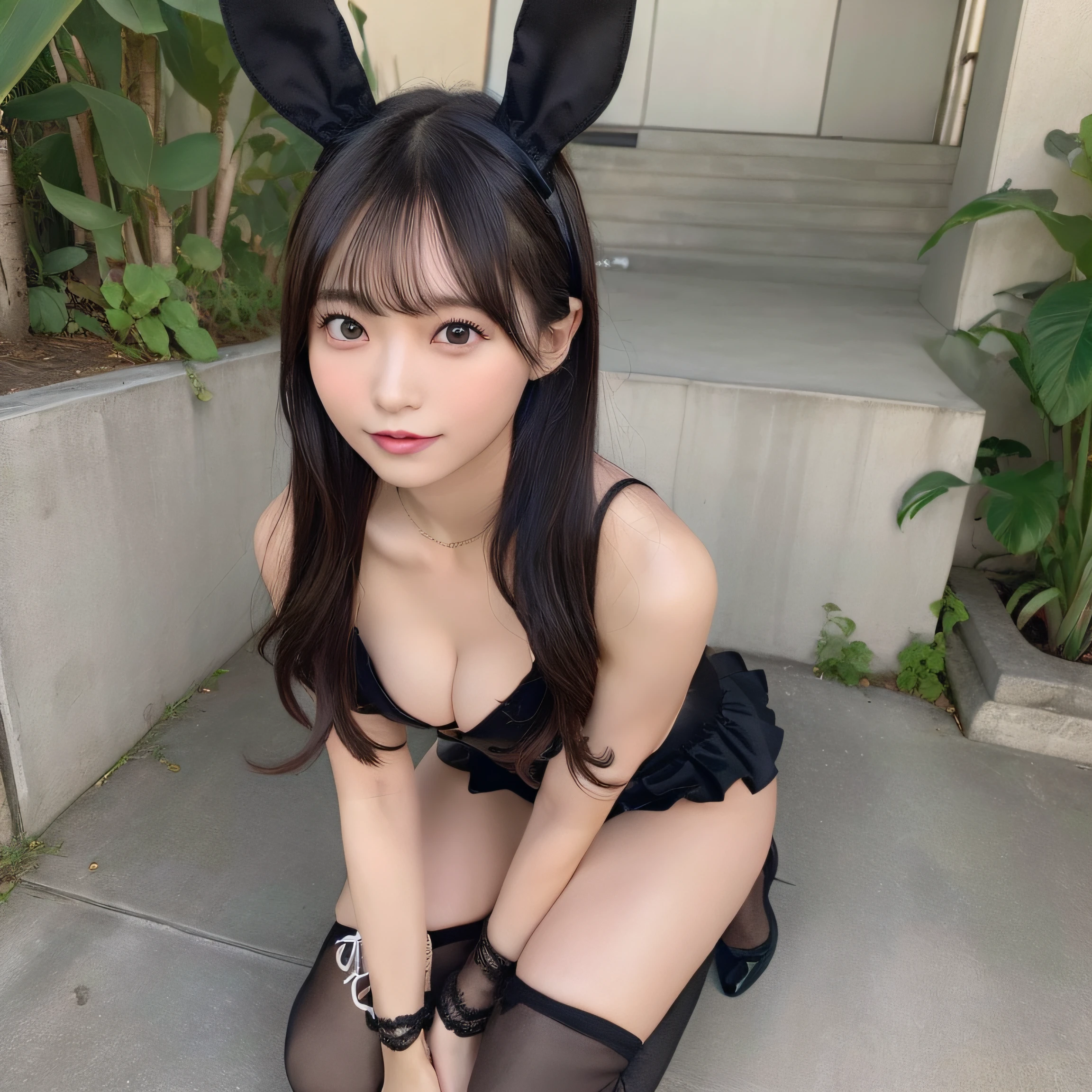 (realisitic、Photorealsitic:1.37)、(​masterpiece)、(top-quality:1.4)、(超A high resolution:1.2)、(Raw photography:1.2)、(full body Esbian:1.4)、 (Bunny Girl:1.4), (Playboy Bunny:1.3),(35 year old:1.4)、(foco nítido:1.3)、(facefocus:1.2)、1girl in, (Solo:1.2), (Black hair black:1.3), Long hair,middlebreasts,(happy smail:1.3)、bangss, beautiful finely detailed eyes, Look at viewers, (cute little),