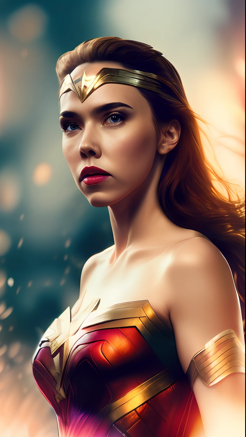 Scarlett Johansson's Uniforne realism with Wonder Woman, hyper-detailing, natural soft light, Pale color background, photore, Studio lighting cinematography + Dynamic synthesis, incredibly detailed, Clear, detaile + intricately details + profesional lighting, cinmatic lighting + 35mm + deformation + lightroom + photography of + Bokeh + Lens flare + Film Particle