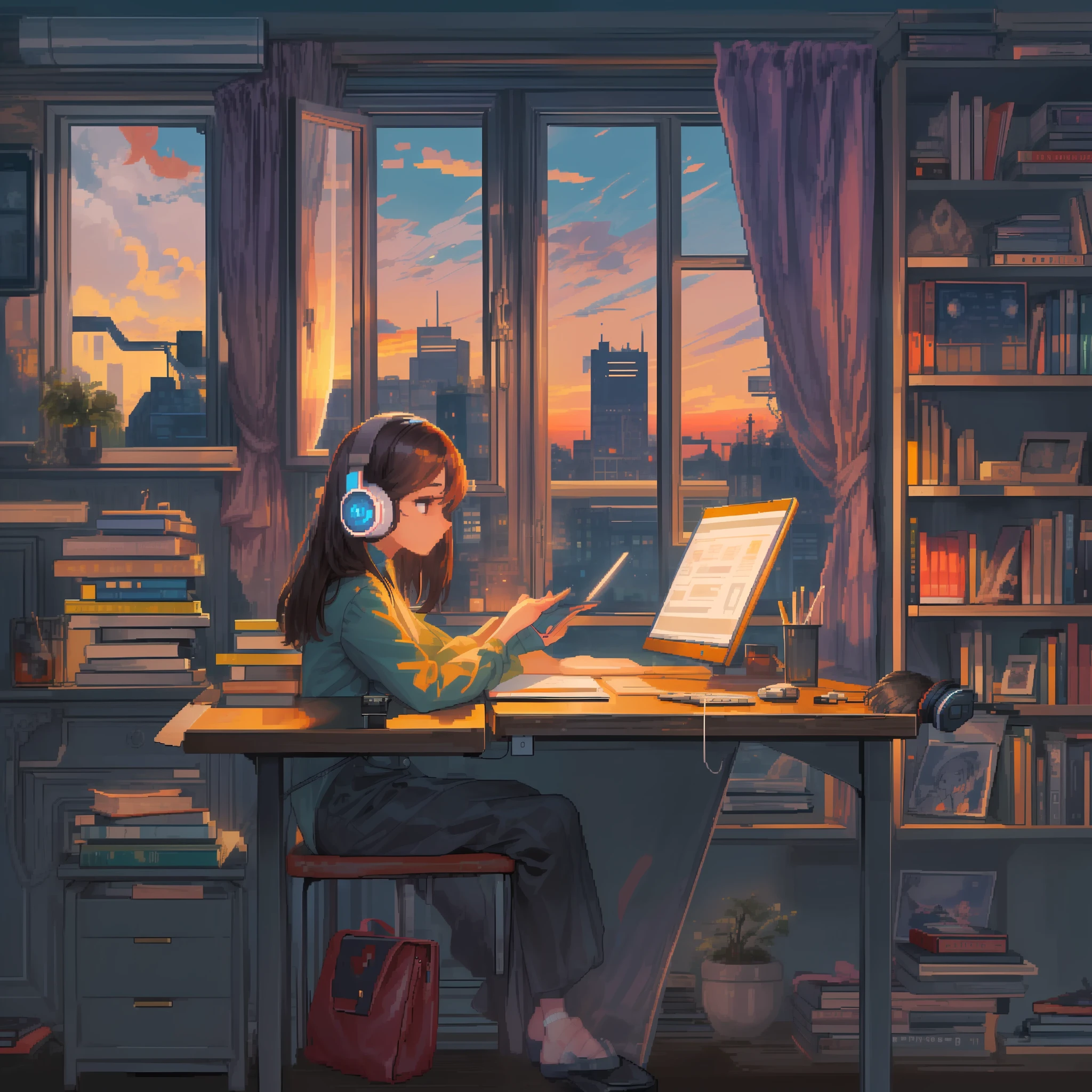 Woman sitting at study table reading book, evening, sunset, beside the window, pixel art, using headphones