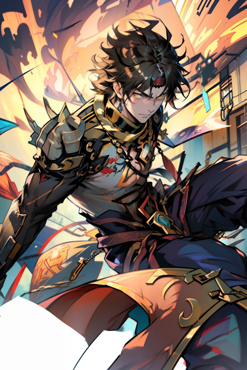 male people,((Masterpiece)), ((Best quality)), Ultra detailed,((illustration)), Dynamic Angle, Detailed light, (Delicate eyes), Floating, 1boy, Male focus, Head, Clothing, Yellow eyes, necklace, tattoo,hijabi sluty, (Forehead:0.8), (ahoge:0.8), jewelry, apathy,Ray, chest muscle, Sexy ,frontage,style of anime4 K, 4K anime wallpaper, Badass anime 8 K, 4 k comic wallpaper, young anime man, Anime boys, Anime wallpapers 4 k, Anime wallpaper 4K, High quality anime art style, Anime moe art style, Anime art wallpaper 8 K, Anime art wallpaper 4 K, RGB lighting