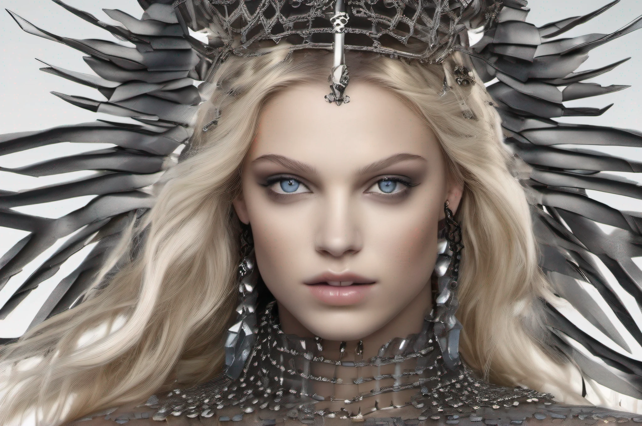 A fullbody portrait of actress Melissa Benoist depicted as a fallen angel with long wavy golden blonde hair and bright blue eyes. She wears a risqué black mini dress made of gleaming steel chainlinks, wire mesh, and spikes that hug her curves. Her toned legs are covered in fishnet leggings crafted from woven razor-sharp steel. Enormous moonstone-colored feathered wings emerge from her back, contradicting the small curved devil horns on her forehead. Her skin is lightly dusted with freckles. She stands powerfully with one hand on her hip, an intricate chain bridal lead wrapped around her wrist. Knee-high spiked chain boots adorn her feet, matching the edgy steel dagger mini skirt around her waist. Her attire glows against a hellish background of fiery brimstone and crumbling black peaks. Use depth of field and cinematic lighting to showcase the intricate dangerous beauty of the fallen angel's metal garments in high detail.