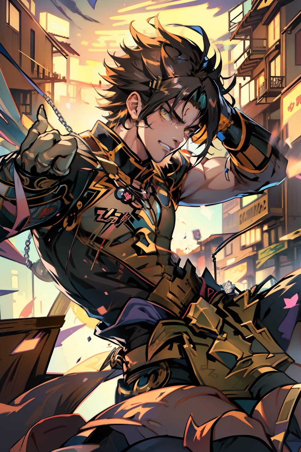 male people,((Masterpiece)), ((Best quality)), Ultra detailed,((illustration)), Dynamic Angle, Detailed light, (Delicate eyes), Floating, 1boy, Male focus, Head, Clothing, Yellow eyes, necklace, tattoo,hijabi sluty, (Forehead:0.8), (ahoge:0.8), jewelry, apathy,Ray, chest muscle, Sexy ,frontage,style of anime4 K, 4K anime wallpaper, Badass anime 8 K, 4 k comic wallpaper, young anime man, Anime boys, Anime wallpapers 4 k, Anime wallpaper 4K, High quality anime art style, Anime moe art style, Anime art wallpaper 8 K, Anime art wallpaper 4 K, RGB lighting