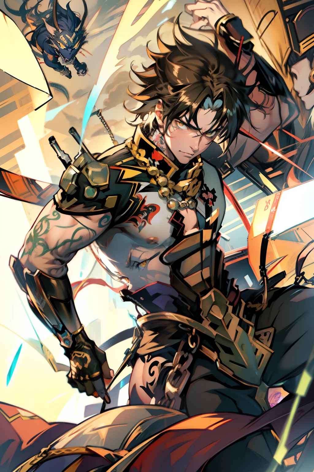 male people,((Masterpiece)), ((Best quality)), Ultra detailed,((illustration)), Dynamic Angle, Detailed light, (Delicate eyes), Floating, 1boy, Male focus, Head, Clothing, Yellow eyes, necklace, tattoo,hijabi sluty, (Forehead:0.8), (ahoge:0.8), jewelry, apathy,Ray, chest muscle, Sexy ,frontage,style of anime4 K, 4K anime wallpaper, Badass anime 8 K, 4 k comic wallpaper, young anime man, Anime boys, Anime wallpapers 4 k, Anime wallpaper 4K, High quality anime art style, Anime moe art style, Anime art wallpaper 8 K, Anime art wallpaper 4 K, RGB lighting