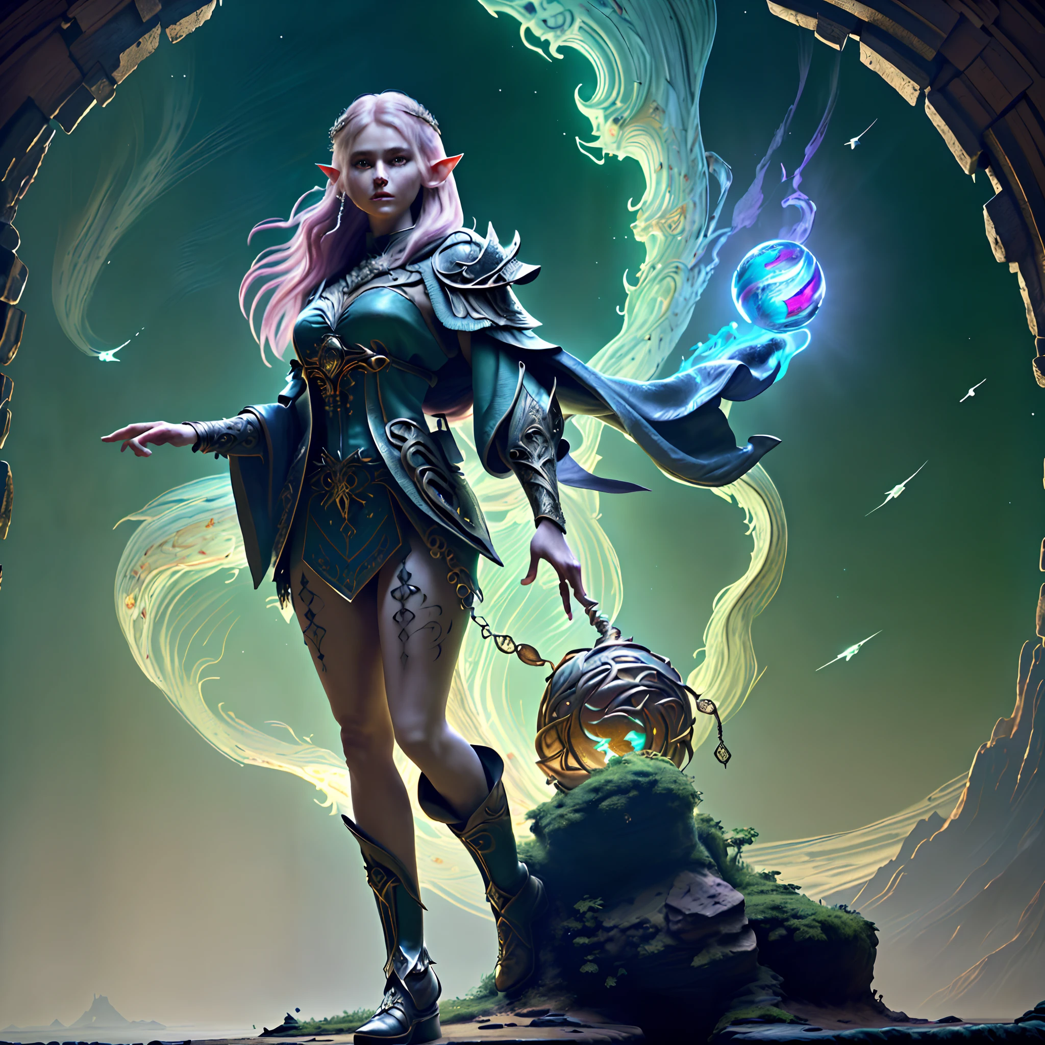 high details, best quality, 8k, [ultra detailed], masterpiece, best quality, (extremely detailed), dynamic angle, ultra wide shot, photorealistic, fantasy art, dnd art, rpg art, realistic art, a wide angle picture of an epic female elf, ready for battle  (intricate details, Masterpiece, best quality: 1.6) , full body, [[anatomically correct]]  (intricate details, Masterpiece, best quality: 1.6) casting magic spell (intricate details, Masterpiece, best quality: 1.5), [colorful magical sigils in the air],[ colorful arcane markings floating] (intricate details, Masterpiece, best quality: 1.6), holding a [sword] (intricate details, Masterpiece, best quality: 1.6) holding a [sword glowing in red light] (intricate details, Masterpiece, best quality: 1.6). in fantasy urban street ( (intricate details, Masterpiece, best quality: 1.6), a female, beautiful epic female elf, wearing elven leather armor (intricate details, Masterpiece, best quality: 1.3), wearing colorful cloak, flowing cloak, high heeled leather boots, ultra detailed face (intricate details, Masterpiece, best quality: 1.6), small pointed ears, thick hair, long hair, dynamic hair, fair skin intense eyes, fantasy city background (intricate details, Masterpiece, best quality: 1.6), sun light, backlight, depth of field (intricate details, Masterpiece, best quality: 1.3), high details, best quality, highres, ultra wide angle