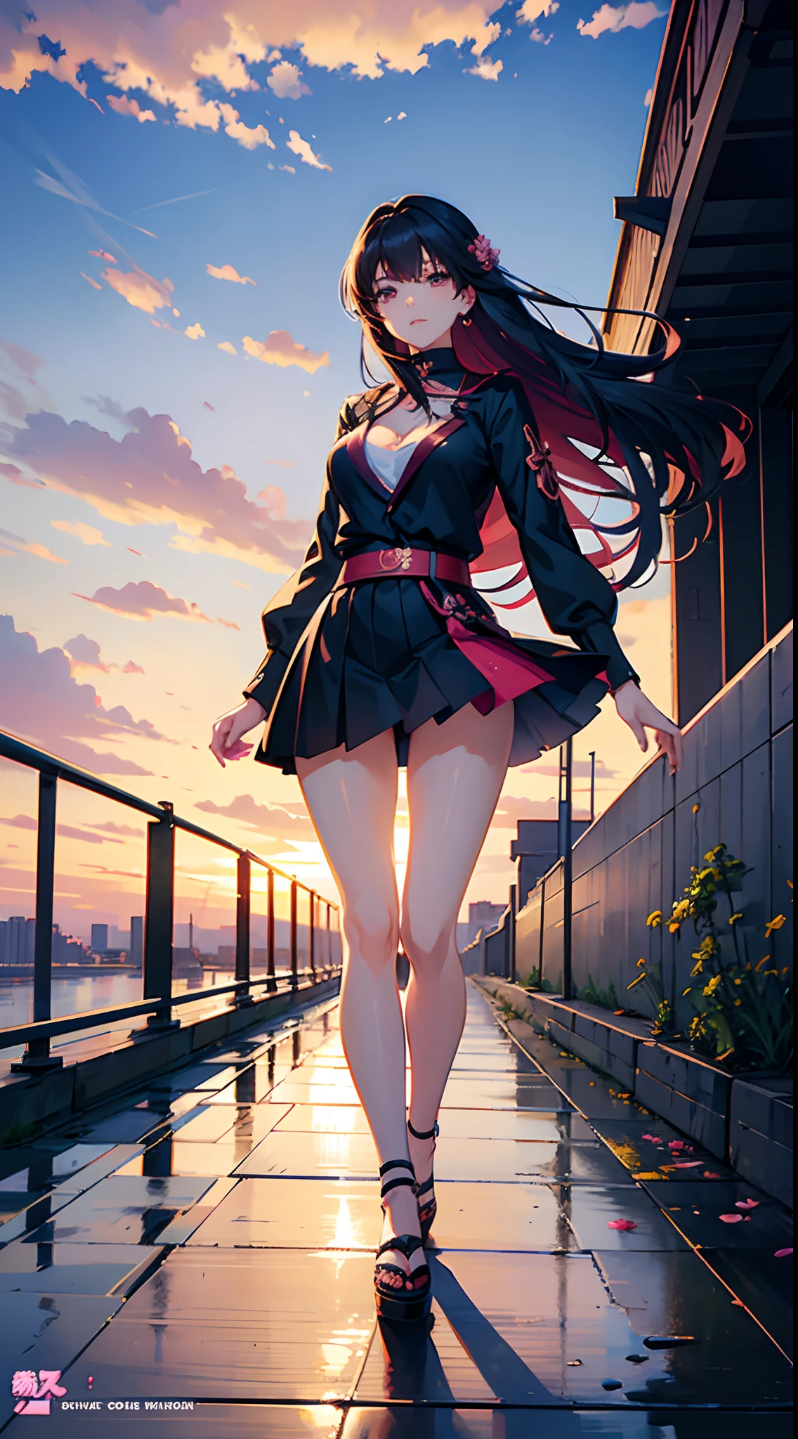 a woman in a short skirt standing on a bridge, ”beautiful anime woman, 🌺 cgsociety, misato katsuragi, beautiful alluring anime woman, inspired by Nishikawa Sukenobu, “anime girl, made with anime painter studio, clean detailed anime art, guweiz on artstation pixiv, guweiz on pixiv artstation