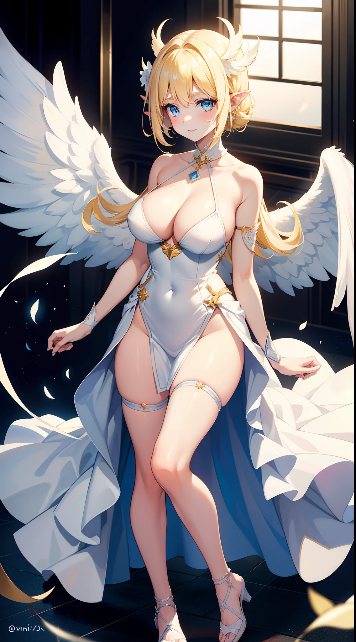 angel girl, Angel wings on the back, white dresses, Pale skin, blue color eyes, hor ears, nase, with her mouth open, ssmile, Blonde hair, Neck strap, bshoulders, Bigchest, Arms, hason, big breasts thin waist, thick leg, upper legs, Feet, Flooring, standing