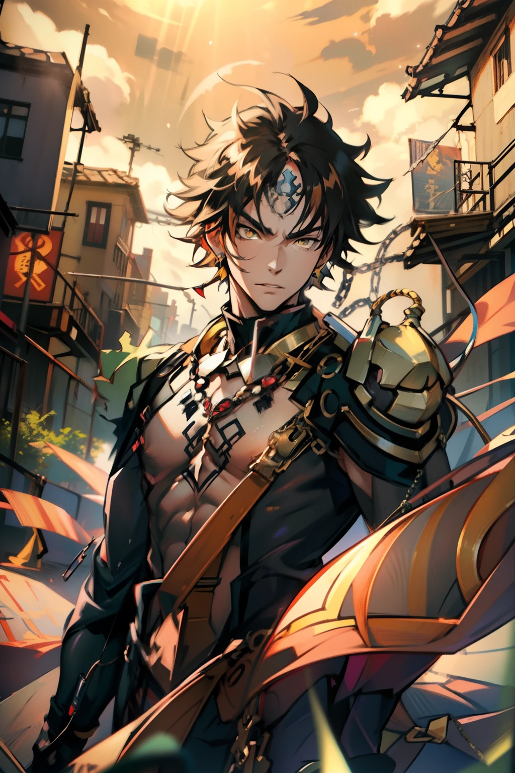 male people,((Masterpiece)), ((Best quality)), Ultra detailed,((illustration)), Dynamic Angle, Detailed light, (Delicate eyes), Floating, 1boy, Male focus, Head, Clothing, Yellow eyes, necklace, tattoo,hijabi sluty, (Forehead:0.8), (ahoge:0.8), jewelry, apathy,Ray, chest muscle, Sexy ,frontage,style of anime4 K, 4K anime wallpaper, Badass anime 8 K, 4 k comic wallpaper, young anime man, Anime boys, Anime wallpapers 4 k, Anime wallpaper 4K, High quality anime art style, Anime moe art style, Anime art wallpaper 8 K, Anime art wallpaper 4 K, RGB lighting