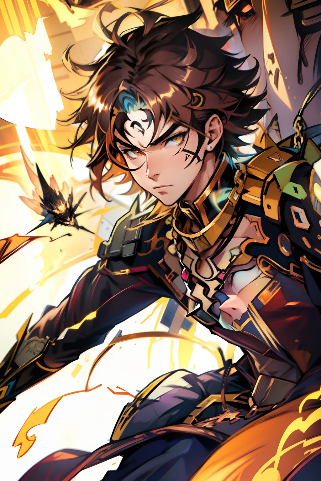 male people，((Masterpiece)), ((Best quality)), Ultra detailed,((illustration)), Dynamic Angle, Detailed light, (Delicate eyes), Floating, 1boy, Male focus, Head, Clothing, Yellow eyes, necklace, tattoo,hijabi sluty， (Forehead:0.8), (ahoge:0.8), jewelry, apathy，Ray， chest muscle， y ,frontage，style of anime4 K， 4K anime wallpaper， Badass anime 8 K， 4 k comic wallpaper， young anime man， Anime boys， Anime wallpapers 4 k， Anime wallpaper 4K， High quality anime art style， Anime moe art style， Anime art wallpaper 8 K， Anime art wallpaper 4 K， RGB lighting