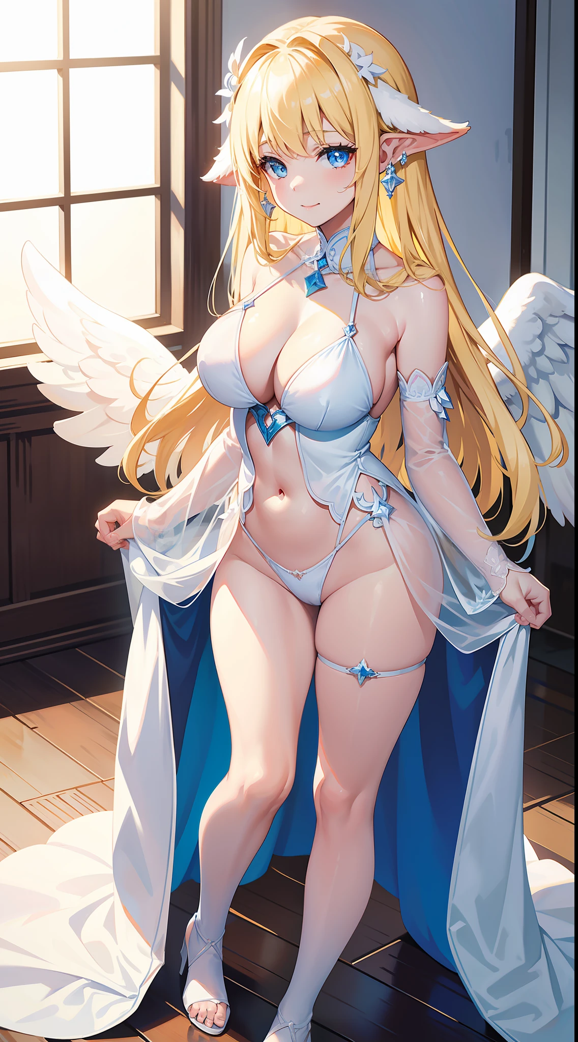 angel girl, Angel wings on the back, white dresses, Pale skin, blue color eyes, hor ears, nase, with her mouth open, ssmile, Blonde hair, Neck strap, bshoulders, Bigchest, Arms, hason, big breasts thin waist, thick leg, upper legs, Feet, Flooring, standing