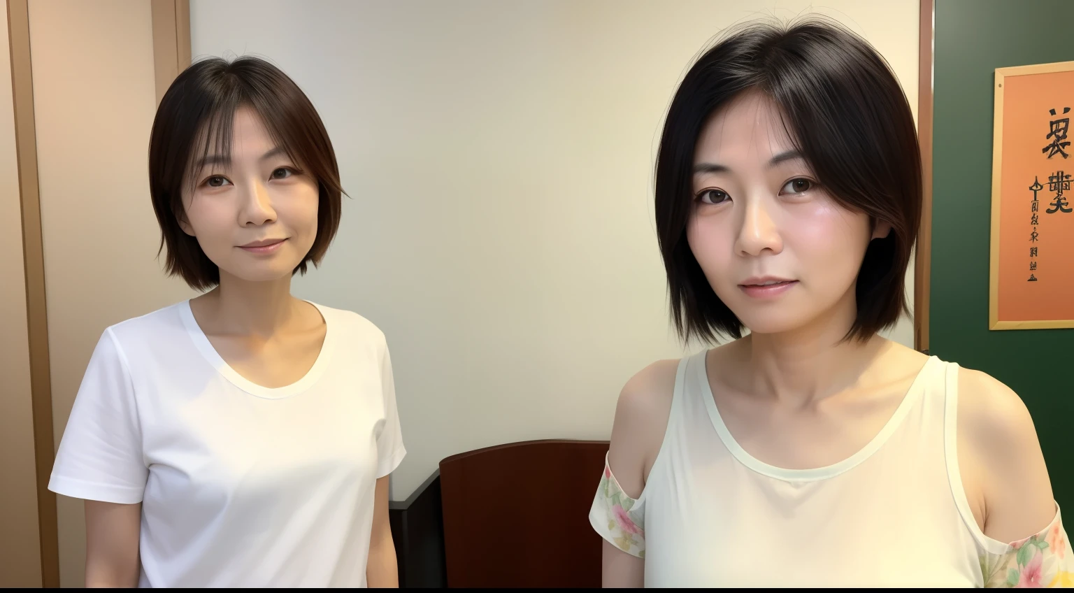 1women, Chinese woman,42 Years Old, 独奏, Behind your arms, 3/4 lens, A sad and nervous look,Old and haggard gravure idol, Realistis, Best quality at best, instgram, Bare shoulders, white shirt, long whitr hair,Masterpiece,EXTREMELY CLEAR,Pore wrinkles are visible