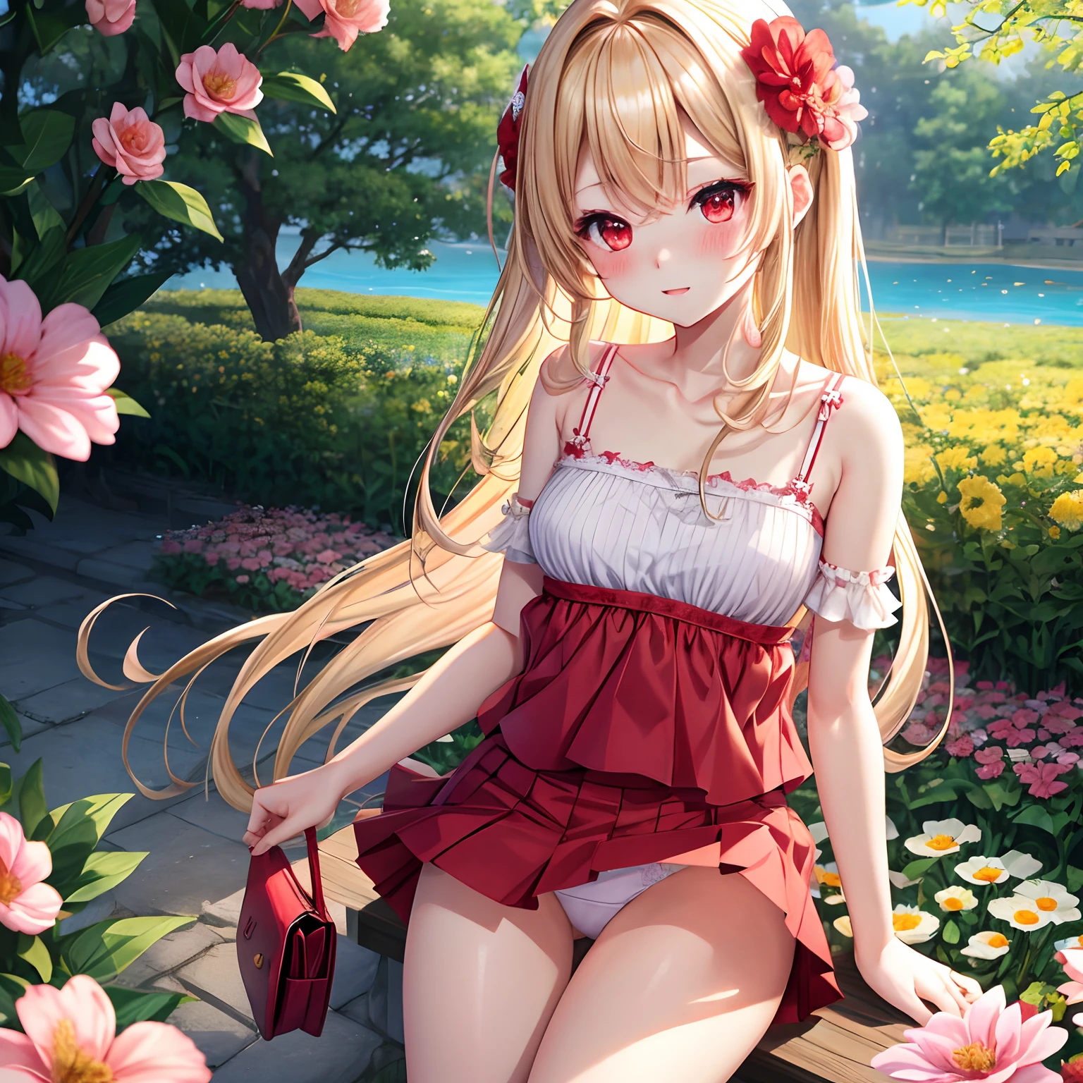 a blond、red eyes、One pretty girl、独奏、animesque、flower  field、red blush、camisole、a miniskirt、Underwear is slightly visible