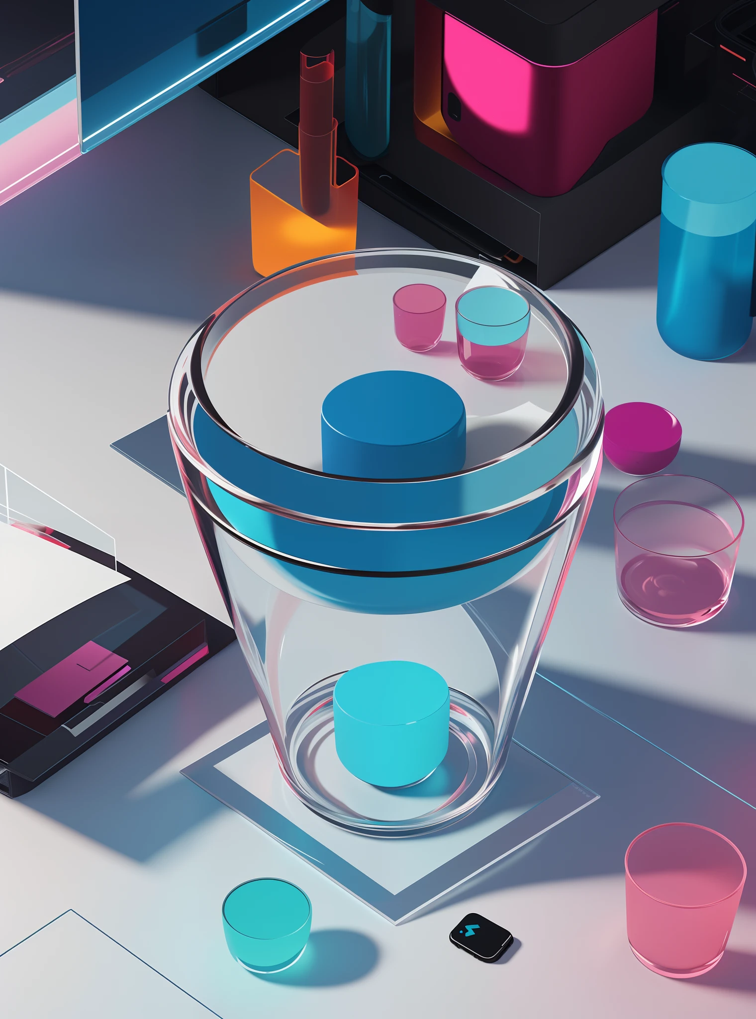 Close-up of glass，pictogram，Consists of glass，，Metal cup body，On a white clean table，down view，Light，8k --height 768，8K illustration，8 K illustration，8k 3d render，8 km 3 D rendering，8 K cartoon illustration，3d 8k render，8k octane advertising photo，Illustration 8 K，dribbble 8k，8 k''，poster for