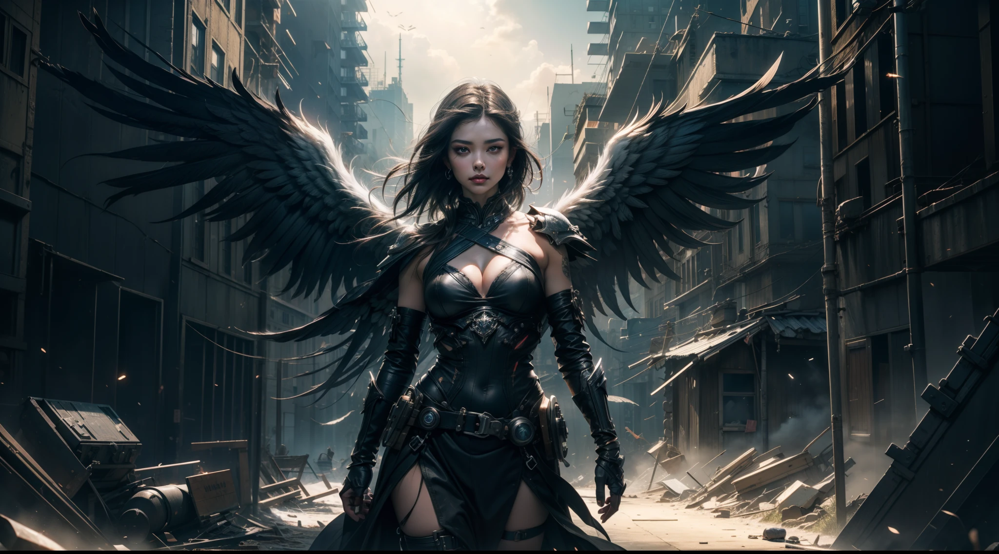 ((best qualtiy)), ((tmasterpiece)), ((Realistis)), (A detailed), (realisticlying:1.5),illusory engine, (High detail: 1.9),(femele:1.4),(big breasts beautiful: 1.4),(carismatic:1.3), (Large breasts), Female angel,Black feathered wings,beuaty girl,beauitful face, looking at viewert, dynamicposes, postapocalyptic, Destroyed city background, scientific fiction, hdr, Ray traching, NVIDIA RTX, Hyper-Resolution, Unreal 5, sub surface scattering, PBR textures, Post-processing, Anisotropic filtering, depth of fields, Maximum clarity and sharpness, trichotomy,8K original,(Luminous Particle:1.4),(VerydetailedCG,Unity 8k壁纸,cinmatic lighting,lens flare glow),Reflectors,Sharp focus,black toga