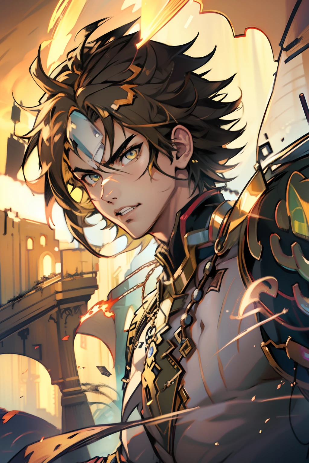 male people,((Masterpiece)), ((Best quality)), Ultra detailed,((illustration)), Dynamic Angle, Detailed light, (Delicate eyes), Floating, 1boy, Male focus, Head, Clothing, Yellow eyes, necklace, tattoo,hijabi sluty, (Forehead:0.8), (ahoge:0.8), jewelry, apathy,Ray, chest muscle, Sexy ,frontage,style of anime4 K, 4K anime wallpaper, Badass anime 8 K, 4 k comic wallpaper, young anime man, Anime boys, Anime wallpapers 4 k, Anime wallpaper 4K, High quality anime art style, Anime moe art style, Anime art wallpaper 8 K, Anime art wallpaper 4 K, RGB lighting
