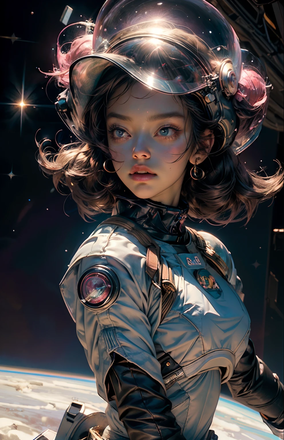 "((Masterpiece)), Best quality, Rosa, Explore the world of bubblegum with exquisite astronauts (bubble gum), light and space, a wide variety of pastel shades, All in high definition and detail, As zero gravity, Helmet visor showing the universe, Deep space, As estrelas, galaxias, colorful space rocks, a lot of energy and emotion!"
