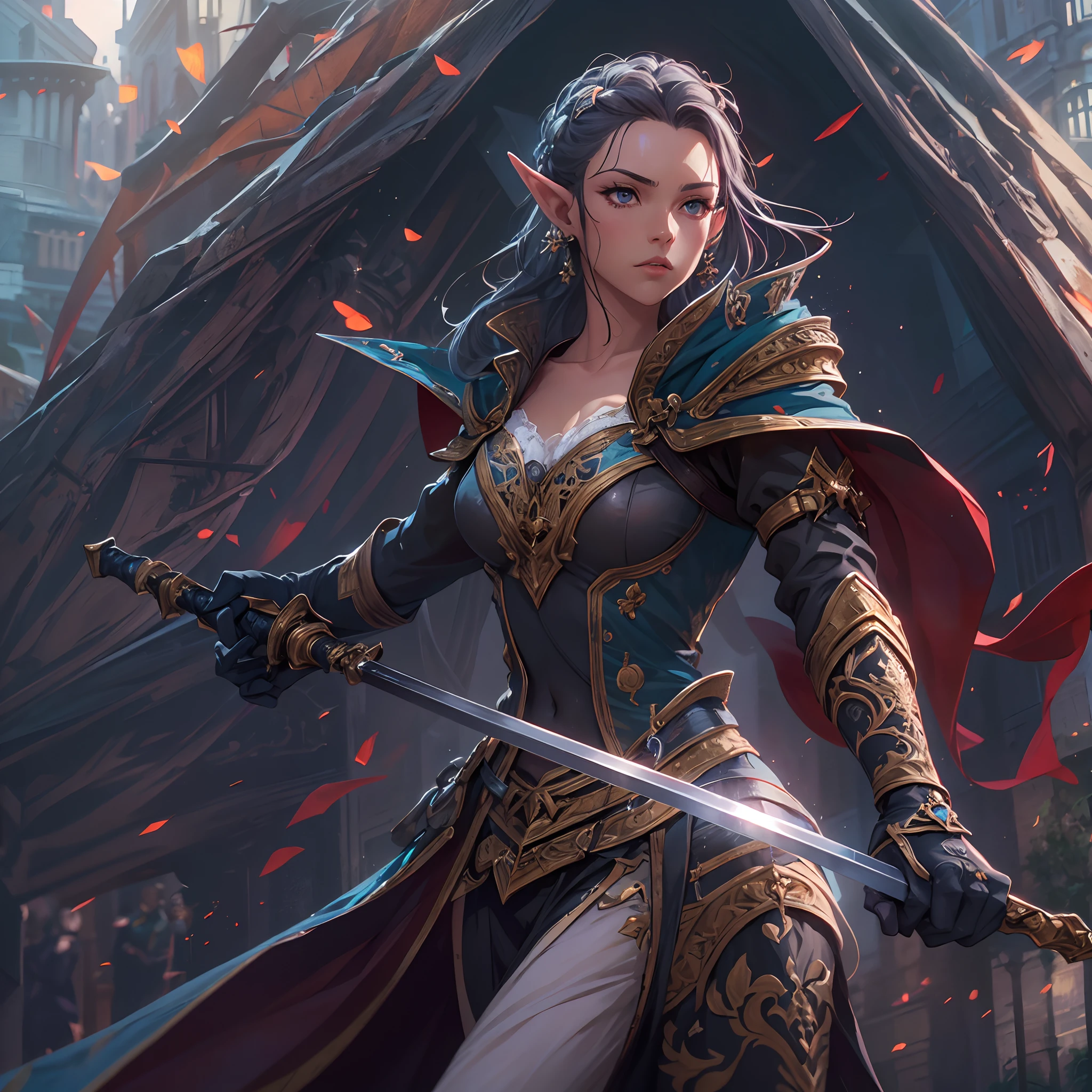 a picture of a female elf (intense details, Masterpiece, best quality: 1.5) fantasy swashbuckler, fantasy fencer, armed with a slim sword, shinning sword, metallic shine, colorful clothes, dynamic clothing, an ultra wide shot, full body (intense details, Masterpiece, best quality: 1.5)epic beautiful female elf (intense details, Masterpiece, best quality: 1.5), rich hair, braided hair, small pointed ears, [colorful magical sigils in the air],[ colorful arcane markings floating] (intricate details, Masterpiece, best quality: 1.6), holding a [sword] (intricate details, Masterpiece, best quality: 1.6) holding a [sword glowing in red light]fantasy urban street (intense details, Masterpiece, best quality: 1.5),  purple cloak, long cloak (intense details, Masterpiece, best quality: 1.5), sense of daring, sense of adventure,  high details, best quality, 8k, [ultra detailed], masterpiece, best quality, (extremely detailed), dynamic angle, ultra wide shot, photorealistic, RAW, fantasy art, dnd art,fantasy art, realistic art,