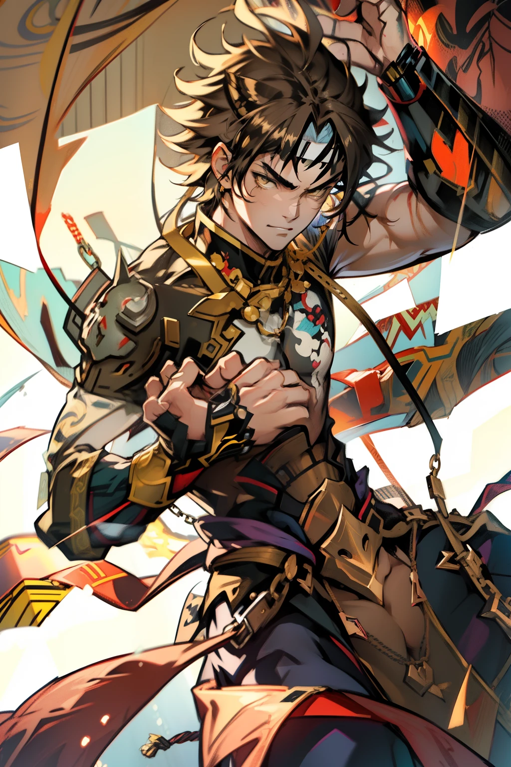 male people,((Masterpiece)), ((Best quality)), Ultra detailed,((illustration)), Dynamic Angle, Detailed light, (Delicate eyes), Floating, 1boy, Male focus, Head, Clothing, Yellow eyes, necklace, tattoo,hijabi sluty, (Forehead:0.8), (ahoge:0.8), jewelry, apathy,Ray, chest muscle, Sexy ,frontage,style of anime4 K, 4K anime wallpaper, Badass anime 8 K, 4 k comic wallpaper, young anime man, Anime boys, Anime wallpapers 4 k, Anime wallpaper 4K, High quality anime art style, Anime moe art style, Anime art wallpaper 8 K, Anime art wallpaper 4 K, RGB lighting
