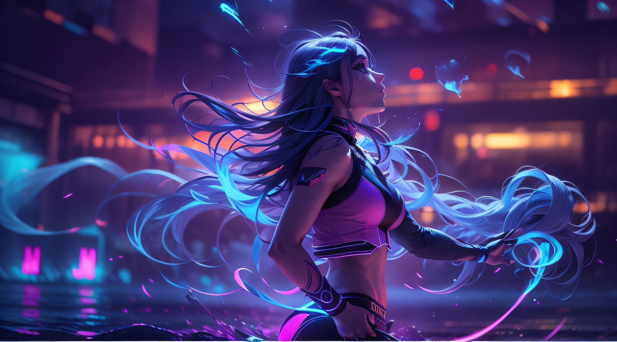 (1 girl),Need,Beautuful Women,Volley solo,Flying,Swiftstep,Phantom,Blue neon lights produce smoke,Particle effect,misterious,glitters,Cinematic fill light,Colorful water floats in the air