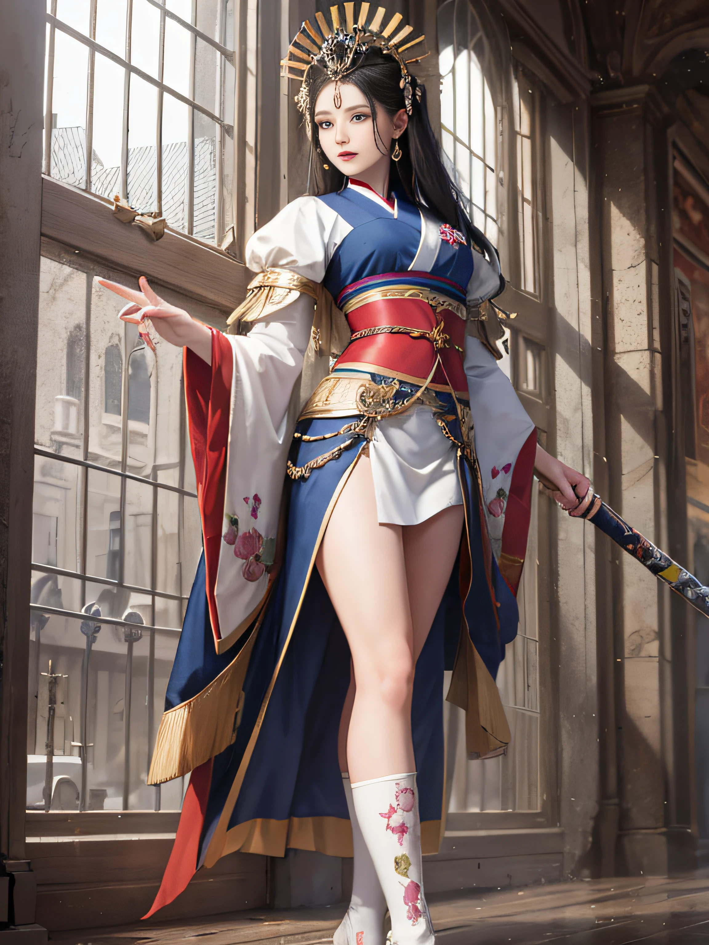 Royal sister,swordsmen,Big sister type,Oriental women,gallant woman,Cold sass,Different styles,tmasterpiece,A high resolution,,Absolutely beautiful,,(Wide buttock:1.4),(Thick legs:1.4),are standing,exquisitedetails,A high resolution,Wallpapers,1female,独奏,,enchanted、Raised sexy, A cruel expression,ancient wind,Hanfu,,is wearing a shorts,Wear boots,Knee-high socks exposed,Wearing ancient socks,embroidery, natural poses,standing on your feet, Fanning,16K,HDR,A high resolution,depth of fields,Bocoon,prime time,Vignette,rainbowing