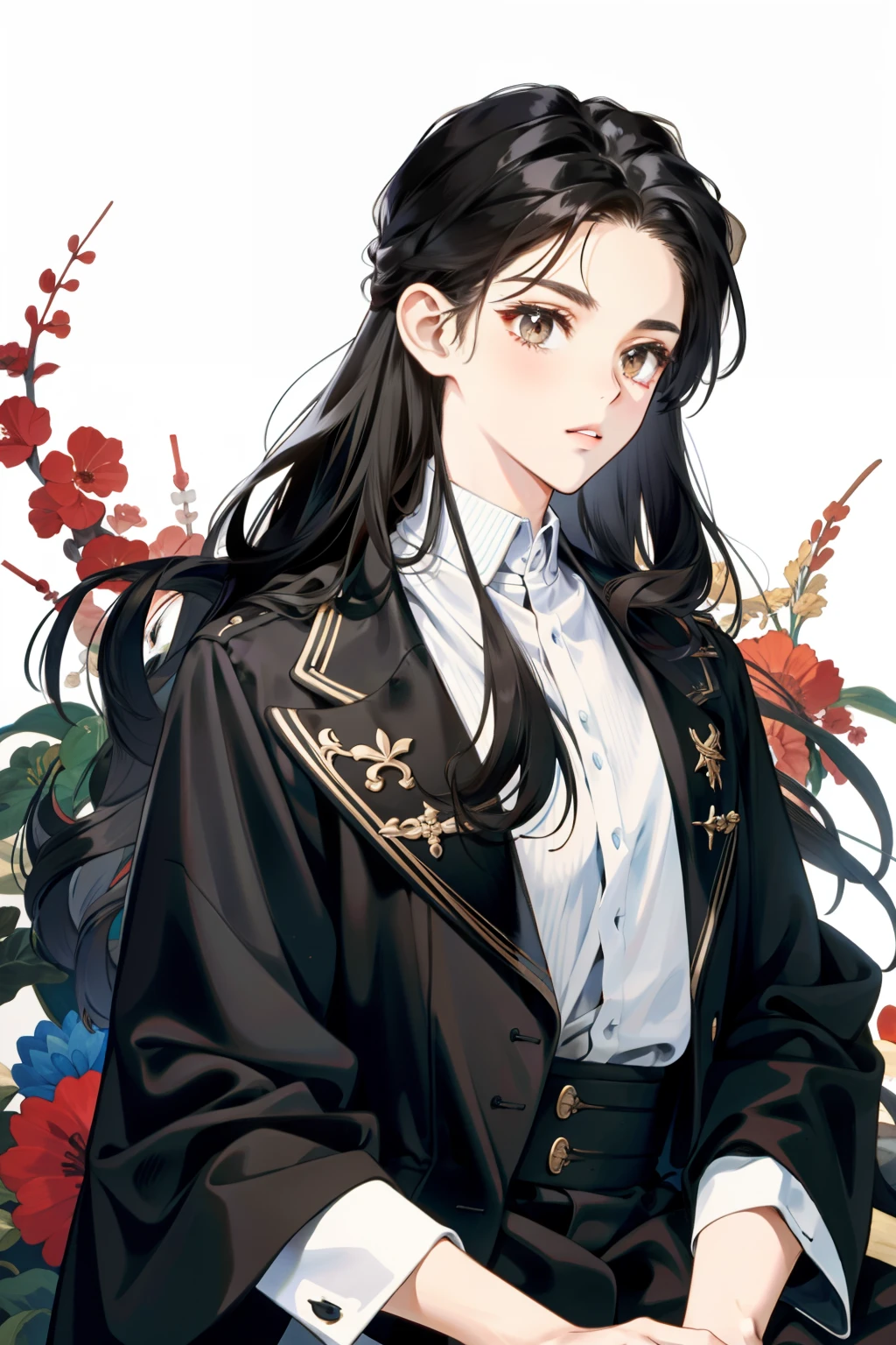 A solemn, elegant and respectable girl with long black hair, white eyes.