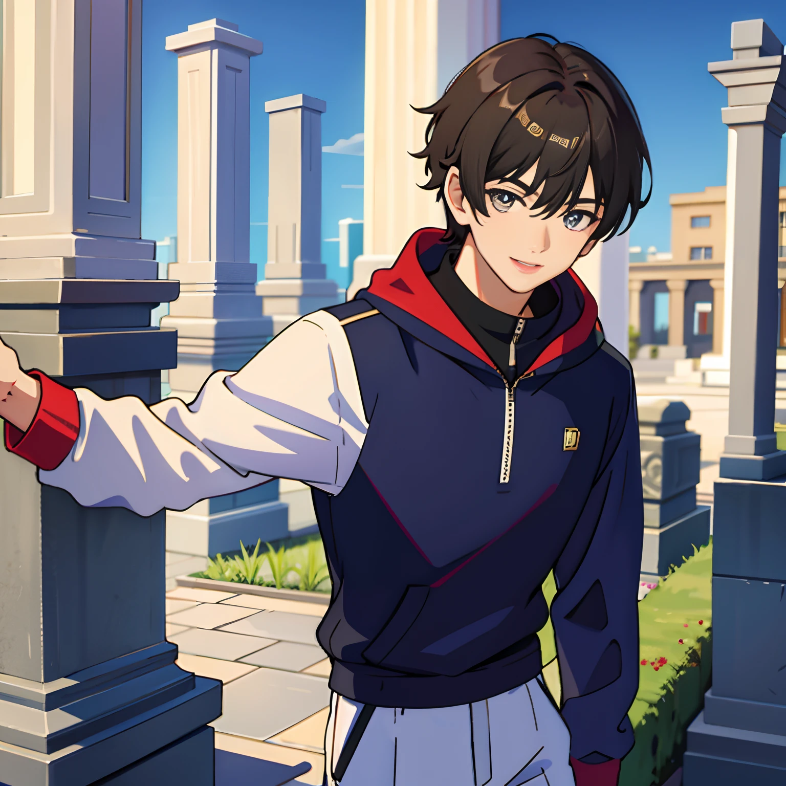 tmasterpiece,The picture is detailed,20-year-old man,ssmile,The upper part of the body,Wear a sweatshirt,Stone pillar background。