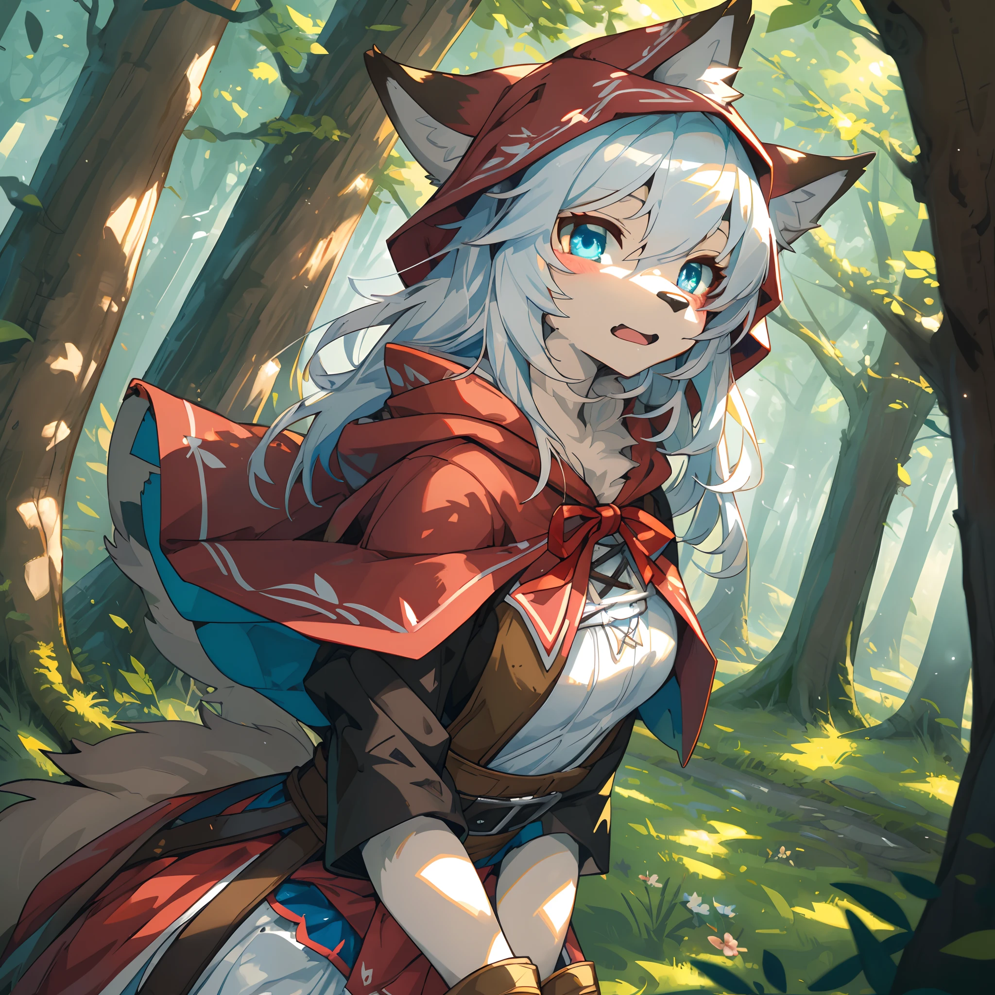 top quality, best quality, High-quality illustrations, masterpiece, super high resolution, detailed background, Le Petit Chaperon rouge, Little Red Riding Hood, forest, hunter, coyote, 6+boys, 6+girls, absurdres(highly detailed beautiful face and eyes)perfect anatomy, expression, good lighting, cinematic shadow(kemono, furry anthro)assorted poses, dynamic angle,