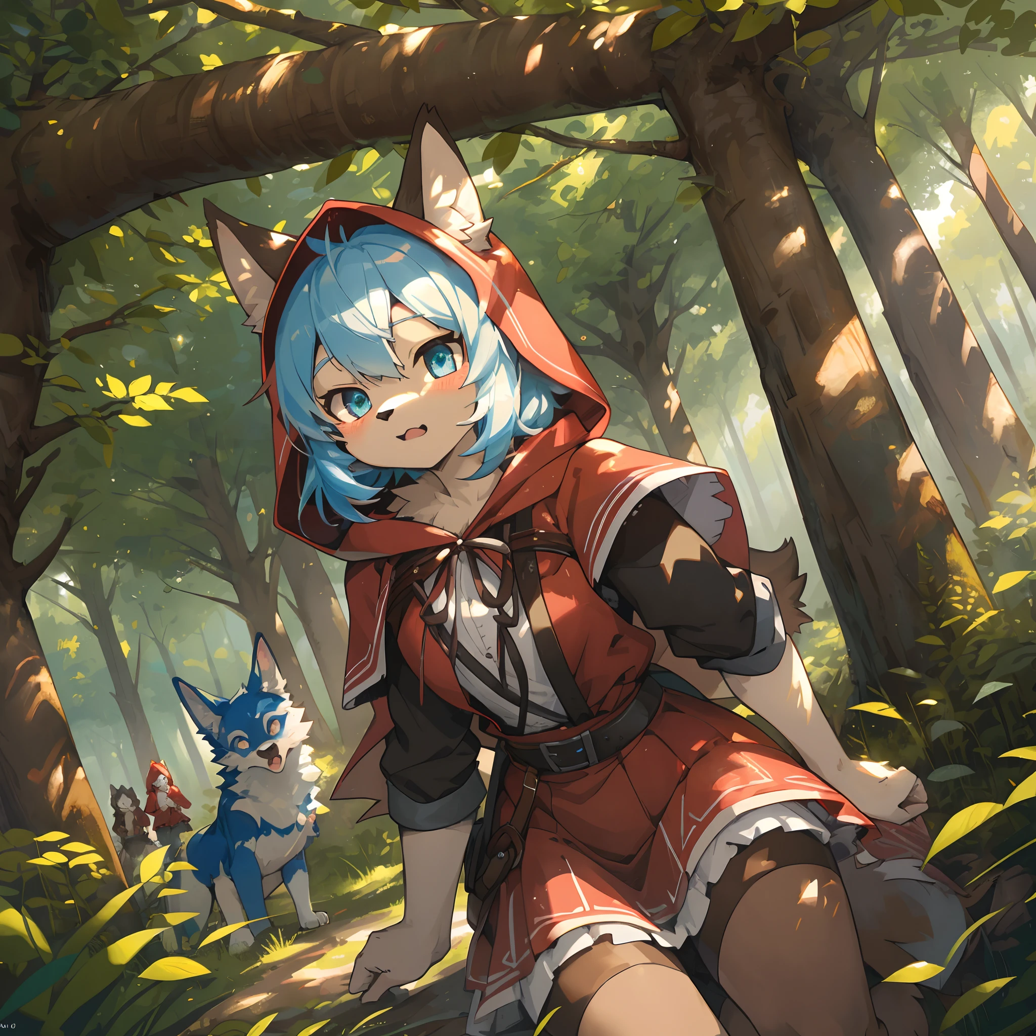 top quality, best quality, High-quality illustrations, masterpiece, super high resolution, detailed background,  Le Petit Chaperon rouge, Little Red Riding Hood, forest, hunter, coyote, 6+boys, 6+girls, absurdres(highly detailed beautiful face and eyes)perfect anatomy, expression, good lighting, cinematic shadow(kemono, furry anthro)assorted poses, dynamic angle,