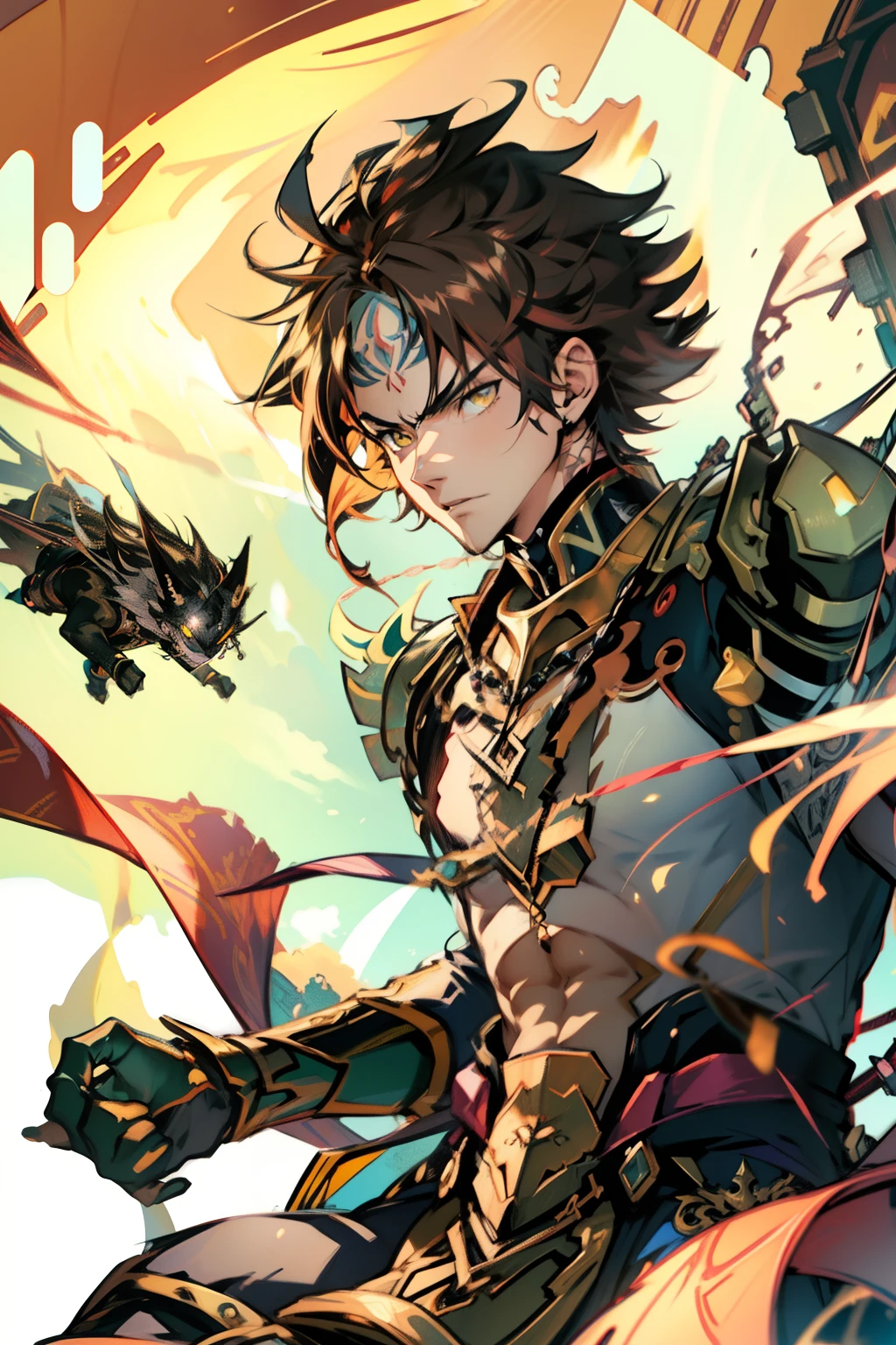 male people,((Masterpiece)), ((Best quality)), Ultra detailed,((illustration)), Dynamic Angle, Detailed light, (Delicate eyes), Floating, 1boy, Male focus, Head, Clothing, Yellow eyes, necklace, tattoo,hijabi sluty, (Forehead:0.8), (ahoge:0.8), jewelry, apathy,Ray, chest muscle, Sexy ,frontage,style of anime4 K, 4K anime wallpaper, Badass anime 8 K, 4 k comic wallpaper, young anime man, Anime boys, Anime wallpapers 4 k, Anime wallpaper 4K, High quality anime art style, Anime moe art style, Anime art wallpaper 8 K, Anime art wallpaper 4 K, RGB lighting
