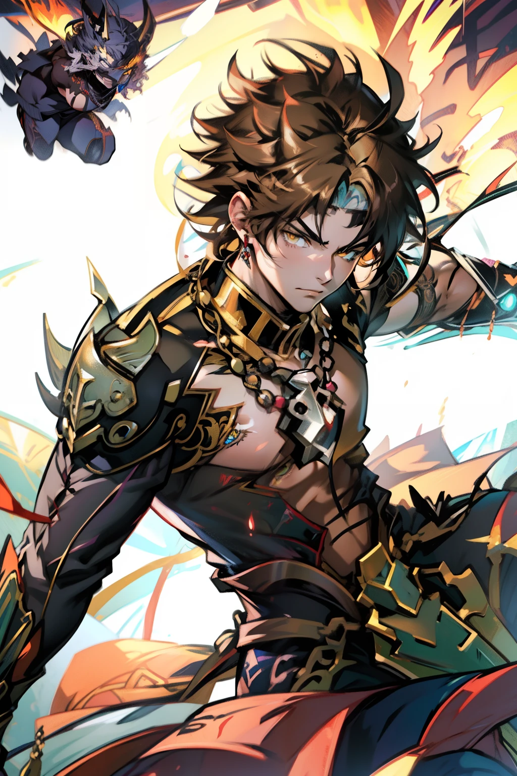 male people,((Masterpiece)), ((Best quality)), Ultra detailed,((illustration)), Dynamic Angle, Detailed light, (Delicate eyes), Floating, 1boy, Male focus, Head, Clothing, Yellow eyes, necklace, tattoo,hijabi sluty, (Forehead:0.8), (ahoge:0.8), jewelry, apathy,Ray, chest muscle, Sexy ,frontage,style of anime4 K, 4K anime wallpaper, Badass anime 8 K, 4 k comic wallpaper, young anime man, Anime boys, Anime wallpapers 4 k, Anime wallpaper 4K, High quality anime art style, Anime moe art style, Anime art wallpaper 8 K, Anime art wallpaper 4 K, RGB lighting