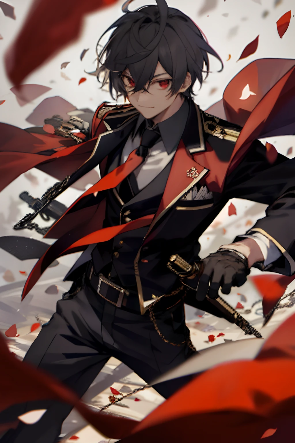 depth of field, petals, gloves, weapon, black gloves, motion blur, gun, confetti, red eyes, 1boy, holding gun, male focus, rose petals, looking at viewer, holding weapon, blurry background, jacket, chain, hair between eyes, debris, bangs, solo, necktie, falling petals, belt, shirt, smile, jacket on shoulders, holding, closed mouth