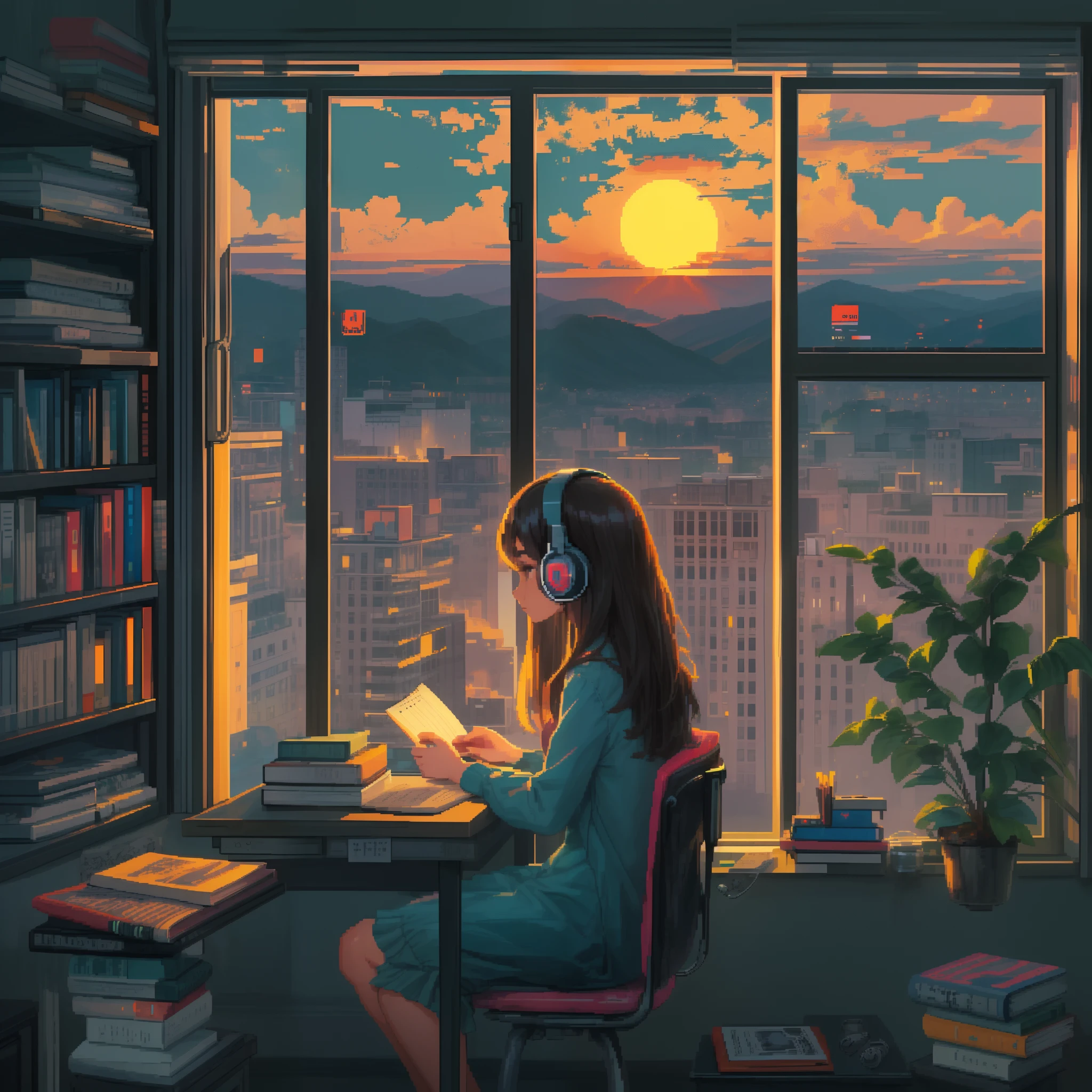 Woman sitting at study table reading book, evening, sunset, beside the window, pixel art, using headphones