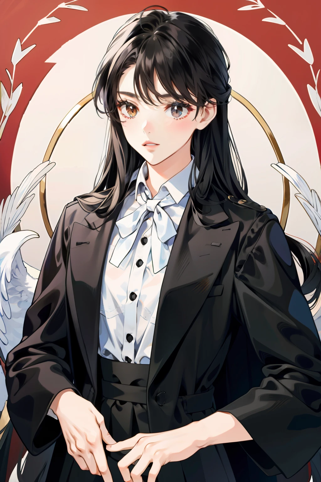 A solemn, elegant and respectable girl with long black hair, white eyes.