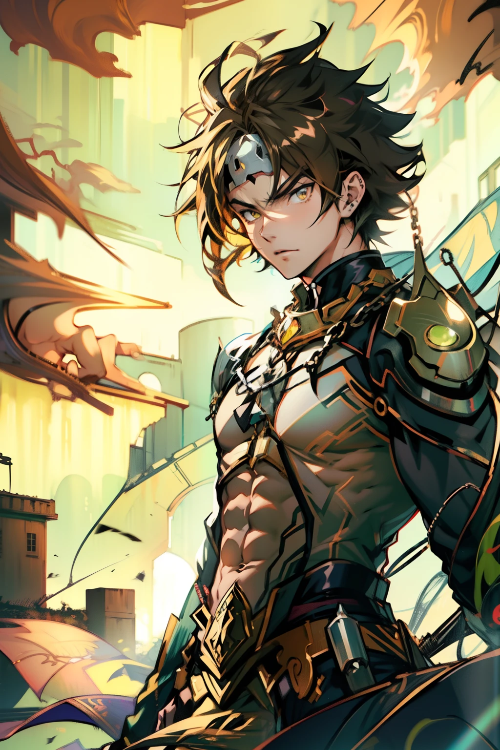 male people,((Masterpiece)), ((Best quality)), Ultra detailed,((illustration)), Dynamic Angle, Detailed light, (Delicate eyes), Floating, 1boy, Male focus, Head, Clothing, Yellow eyes, necklace, tattoo,hijabi sluty, (Forehead:0.8), (ahoge:0.8), jewelry, apathy,Ray, chest muscle, Sexy ,frontage,style of anime4 K, 4K anime wallpaper, Badass anime 8 K, 4 k comic wallpaper, young anime man, Anime boys, Anime wallpapers 4 k, Anime wallpaper 4K, High quality anime art style, Anime moe art style, Anime art wallpaper 8 K, Anime art wallpaper 4 K, RGB lighting