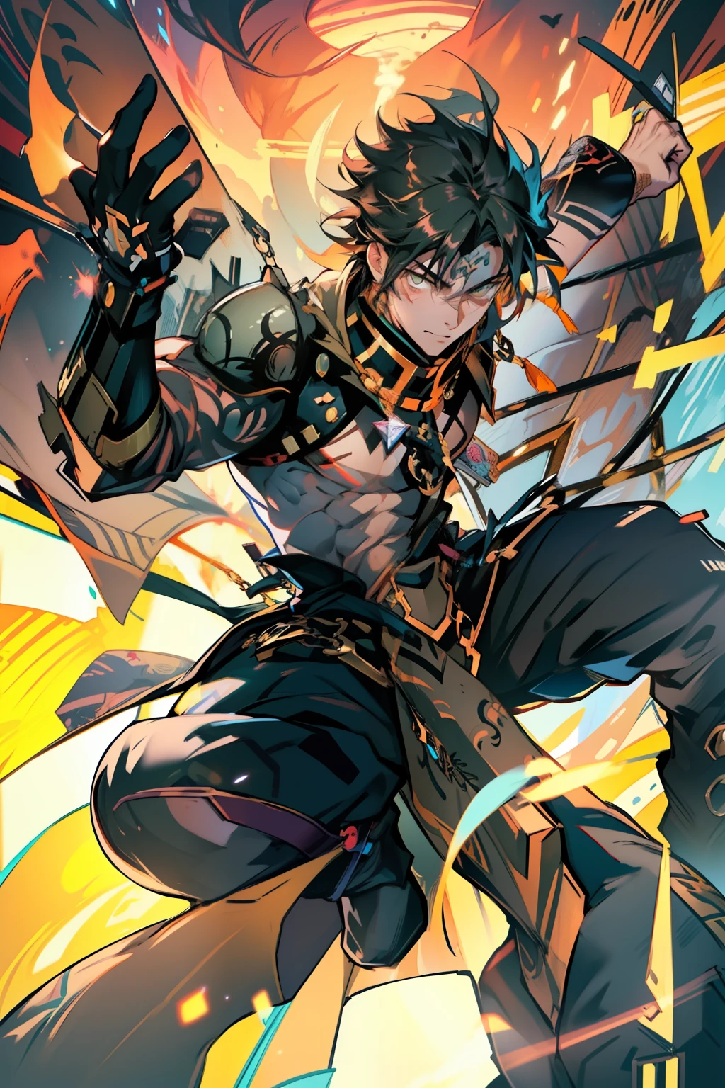 male people，((Masterpiece)), ((Best quality)), Ultra detailed,((illustration)), Dynamic Angle, Detailed light, (Delicate eyes), Floating, 1boy, Male focus, Head, Clothing, Yellow eyes, necklace, tattoo,hijabi sluty， (Forehead:0.8), (ahoge:0.8), jewelry, apathy，Ray， chest muscle， Sexy ,frontage，style of anime4 K， 4K anime wallpaper， Badass anime 8 K， 4 k comic wallpaper， young anime man， Anime boys， Anime wallpapers 4 k， Anime wallpaper 4K， High quality anime art style， Anime moe art style， Anime art wallpaper 8 K， Anime art wallpaper 4 K， RGB lighting