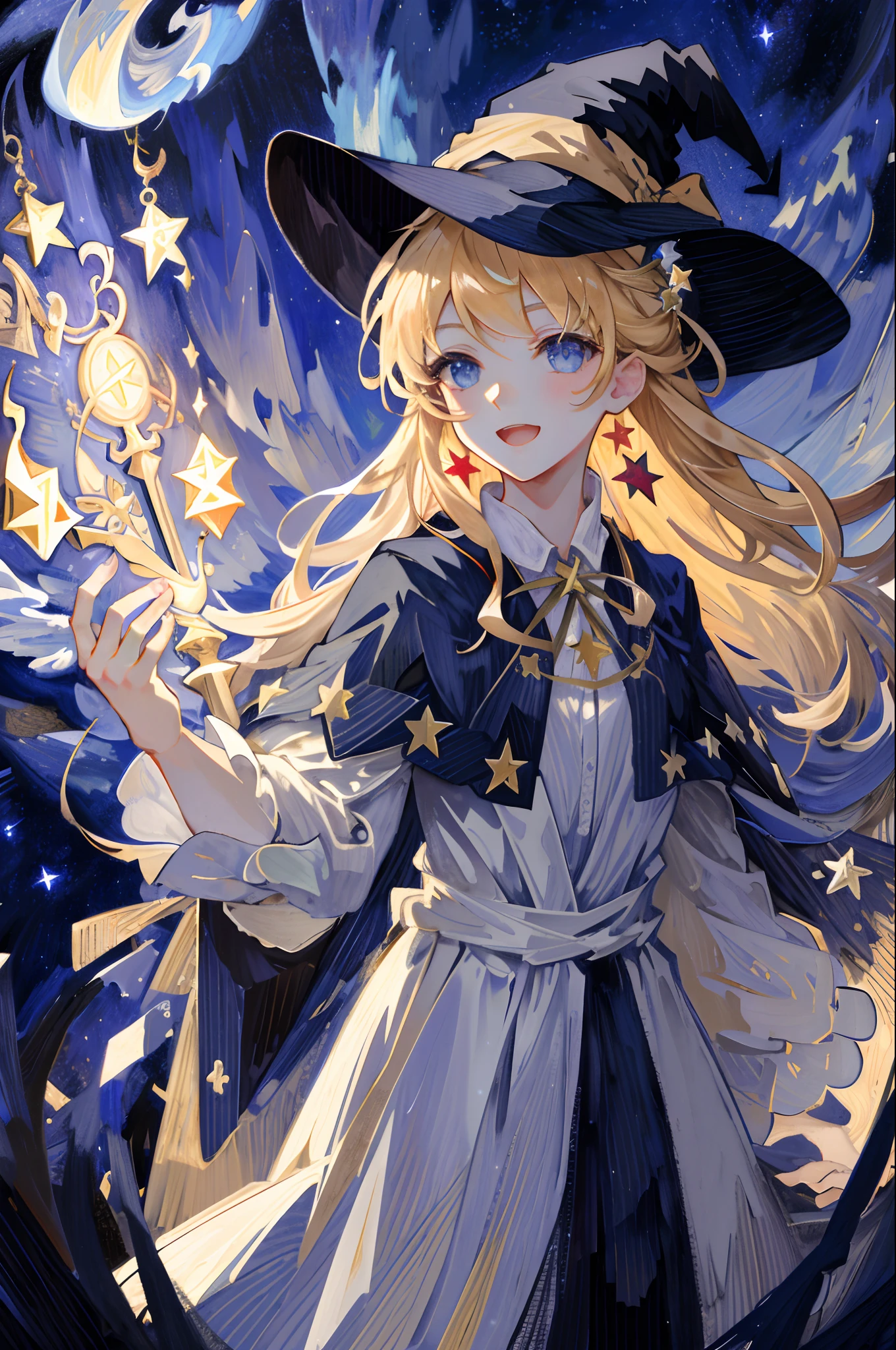 ((Masterpiece:1.2, Best quality)), 1girll, Solo, (Witch hat), Blonde hair, Long hair, dress, aurora, Night, Star (sky), mitts, sky, White dress, Night sky, Open mouth, Starry sky, Blue eyes, ribbon, Very long hair, Red dress, Smile, Hair ribbon, Cape, Blue hair, (Bird), magic, casting spell, Dark clouds, Night, (Impressionism:1.4), (tarot:1.3), Alphonse Mucha,