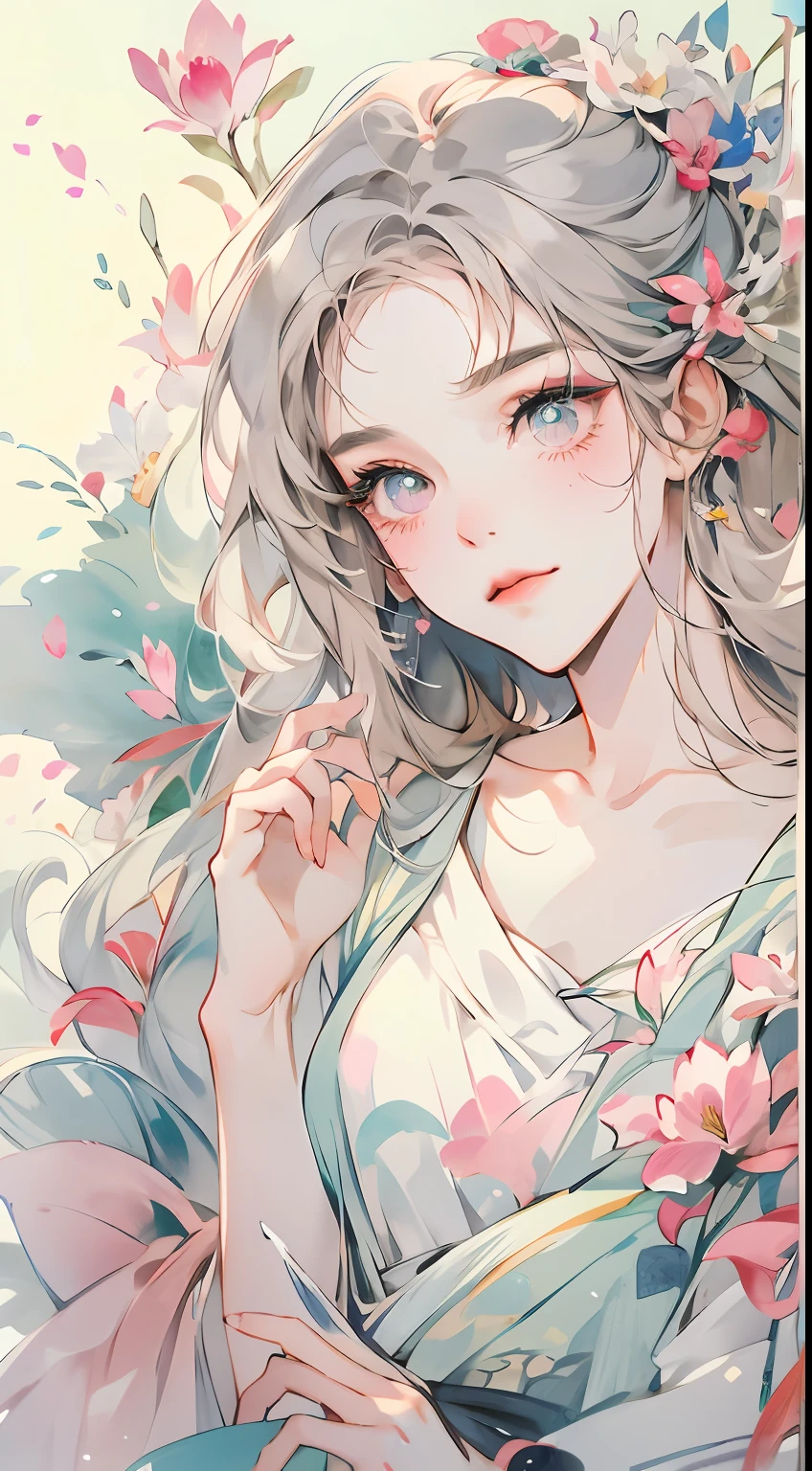 (best qualtiy,tmasterpiece,aquarelle,Splash ink),1 beautiful and delicate portrait of a girl,Playful and cute,Background Petals drifting