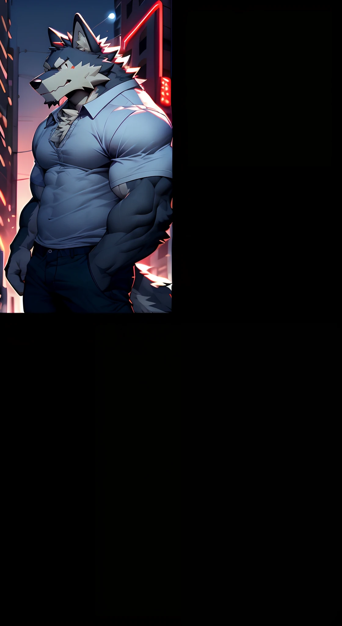 the setting sun,an anthro wolf,sideface,chest muscle,lean and thin,Capable,Place your hands on your trouser pockets,Loose white short sleeves,adolable,Adults,furry wolf,A high resolution, angle of view,anthropomorphic wolf male,Bustling city background,Solo,quadratic element,Look to the lens