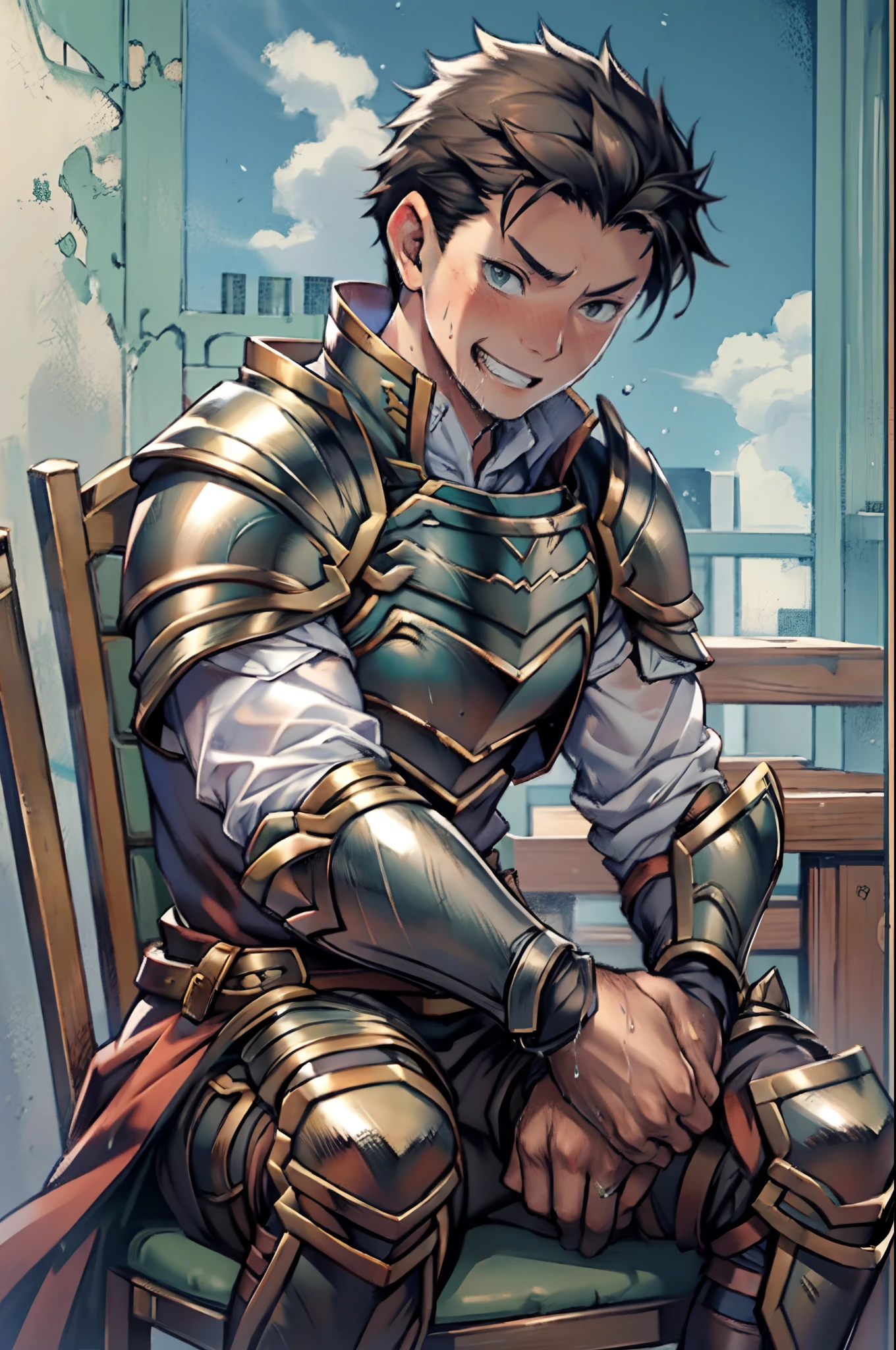 Hector Fey， 独奏， looking at viewert， Teasing laughter， Open your mouth，drools，perspire，Drenched，Get wet，mitts， 1 man， Male focus， sit astride（sit on chair），Cloak， Armour， Shoulder armor， look from down