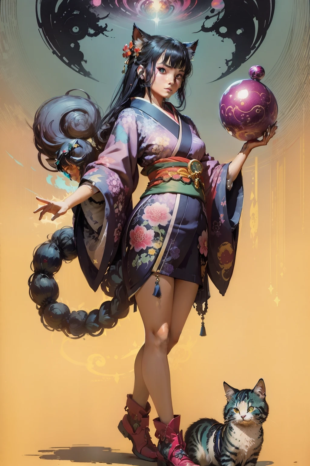 (Full body standing), Full body shot, 2D game animation style, Cute cat, Lisa Frank psychedelic fantasy cat character portrait, Enchanting Jenna Jameson, Catman、A hyper-realistic, Wide Angle, intricate detailes, High resolution by Peter Mohrbacher, Wayne Barlowe, Boris Vallejo, Hajime Hisayama Aaron Hokey, by gaston bussiere, Craig Mullins 1girl, 独奏, looking at the viewers, a smile, blue eyess, A dark-haired, hair adornments, The upper part of the body, komono, kimono, from side, s lips, makeup, tassels, ropes, eyeshadows, red kimono, Shimenawa, kanzashi,